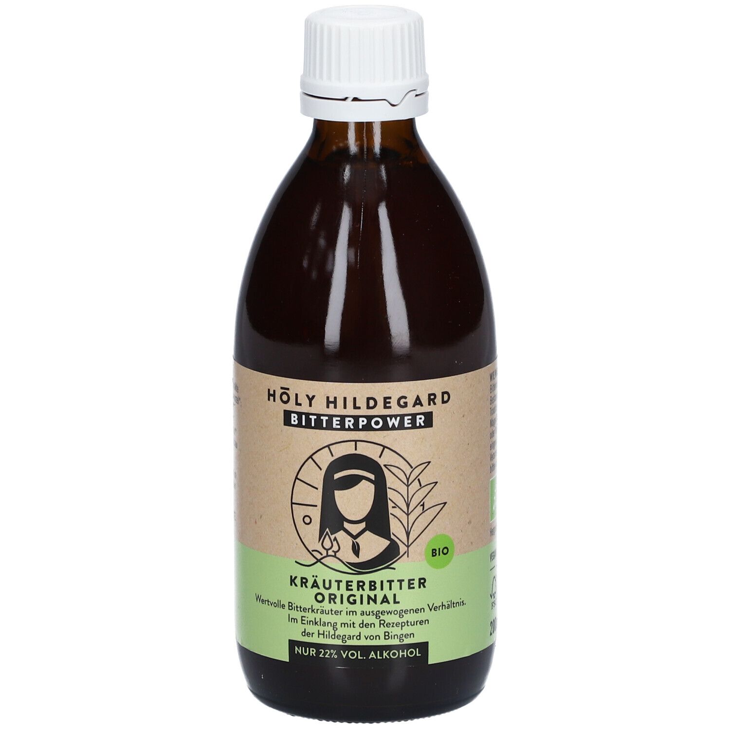 Braune Glasflasche mit weißem Verschluss. Etikett mit Text und Logo. BIO-Zertifizierung.