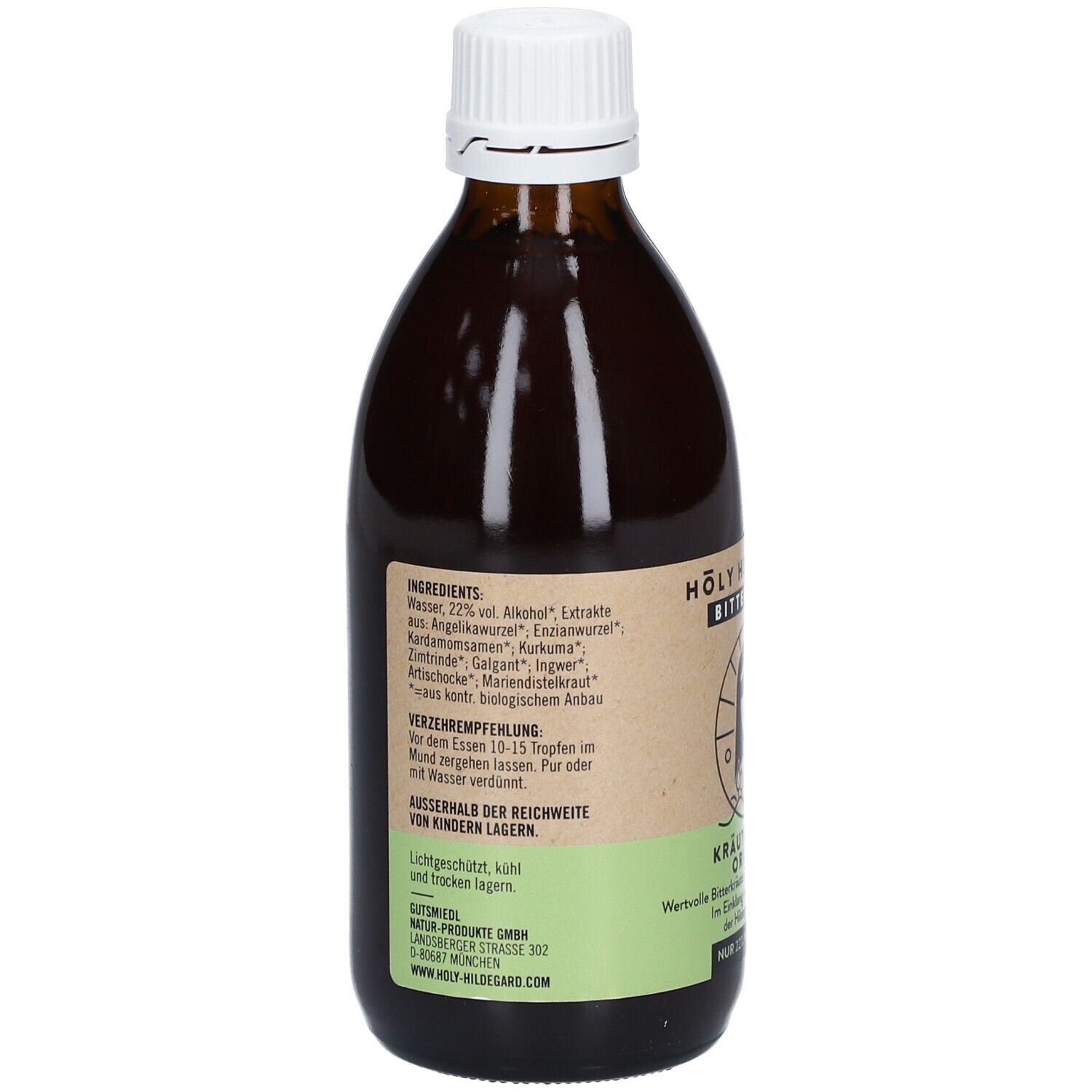 Rückseite einer braunen Glasflasche mit weißem Verschluss. Etikett mit Inhaltsstoffen und Text.