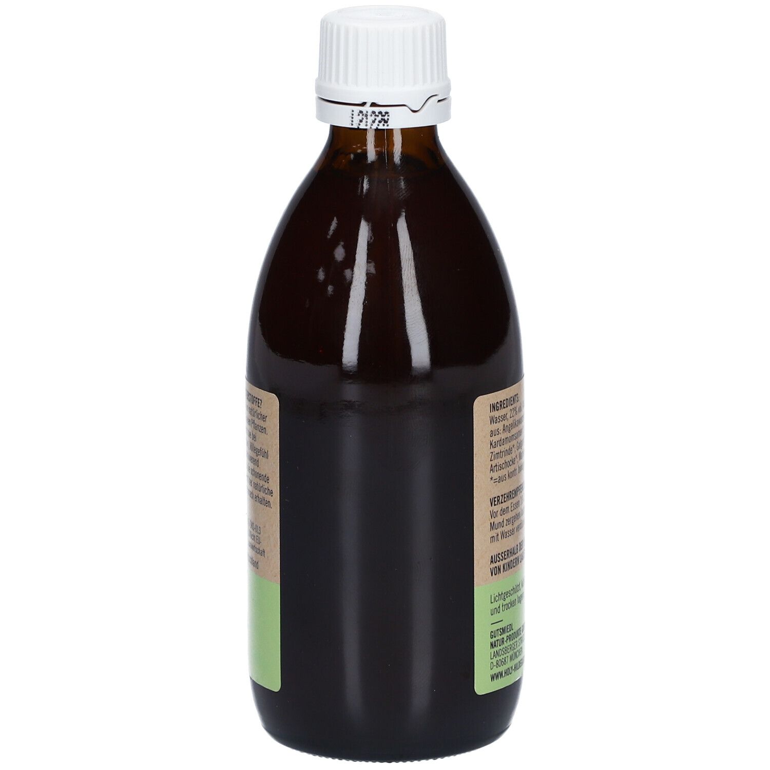 Braune Glasflasche mit weißem Verschluss. Etikett mit Inhaltsstoffen und Text. Nahaufnahme.