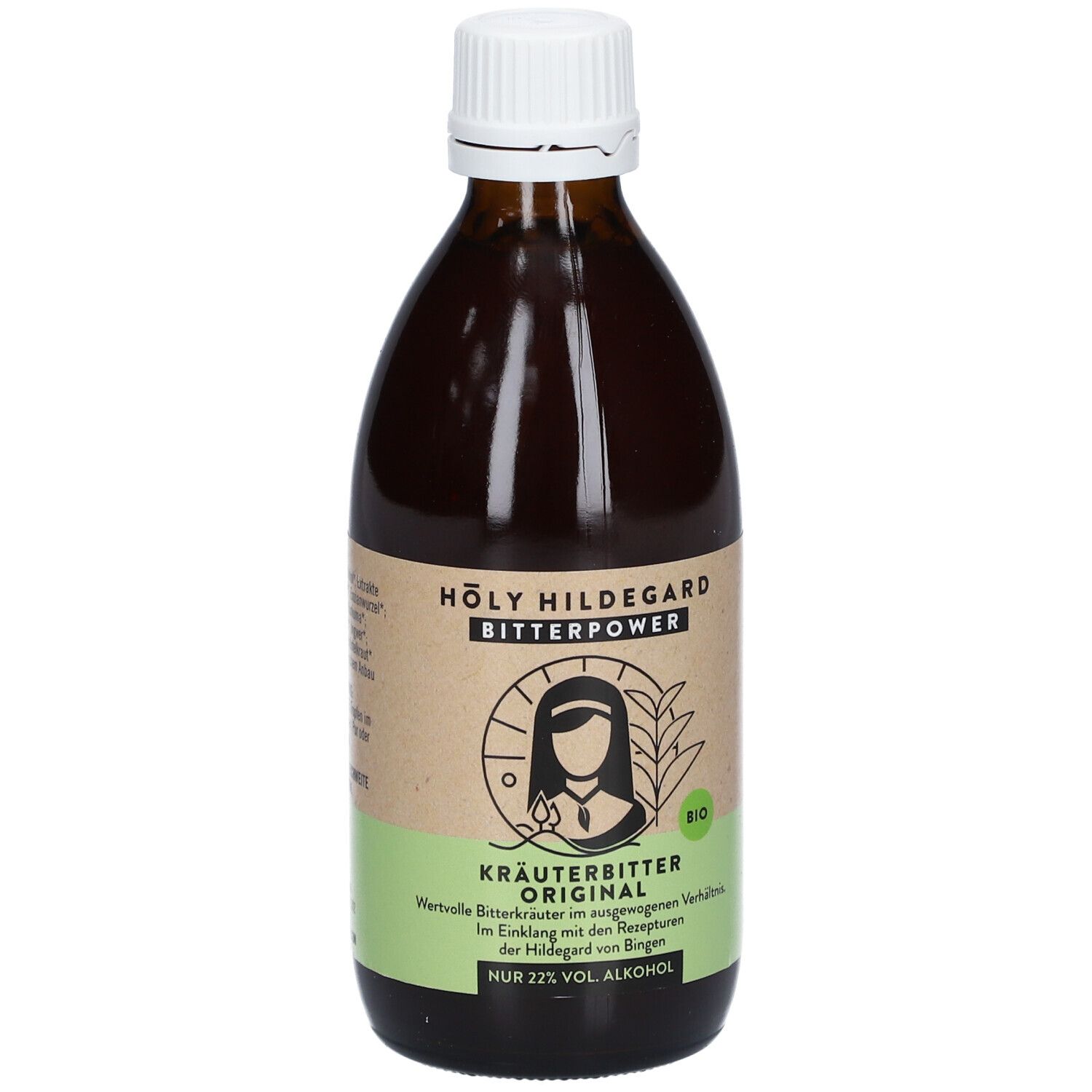 Braune Glasflasche mit weißem Verschluss. Etikett mit Text und Logo. BIO-Zertifizierung.