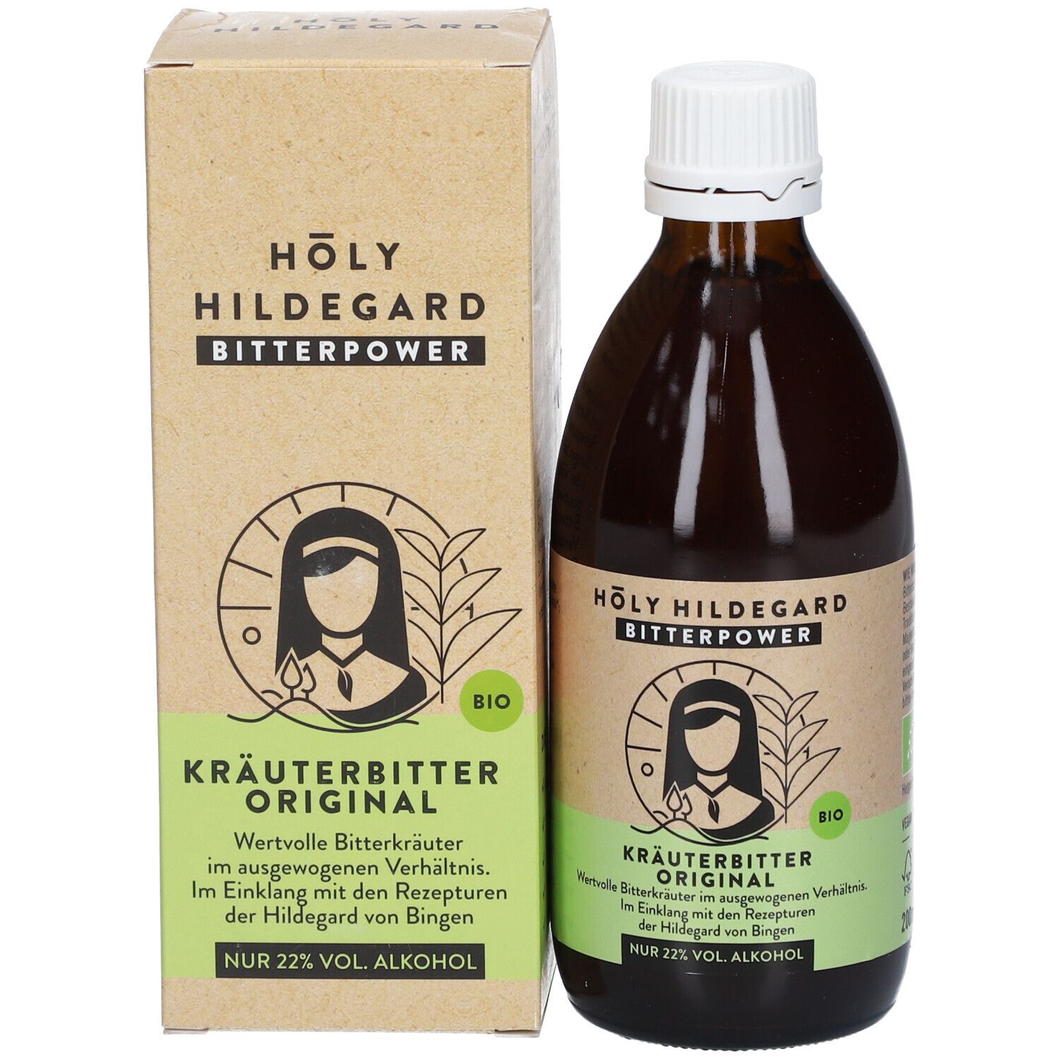 Braune Glasflasche mit weißem Verschluss und Kartonverpackung. Etikett mit Text und Logo. BIO-Zertifizierung.