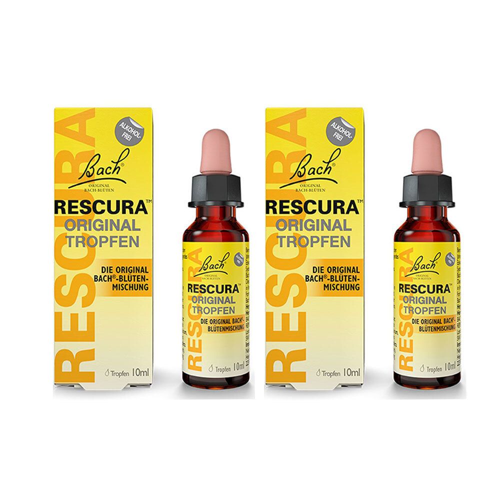 Drei Flaschen und Verpackungen von RESCURA Original Tropfen. Flaschen mit Tropfer, gelbe Verpackung mit Produktnamen und Logo.