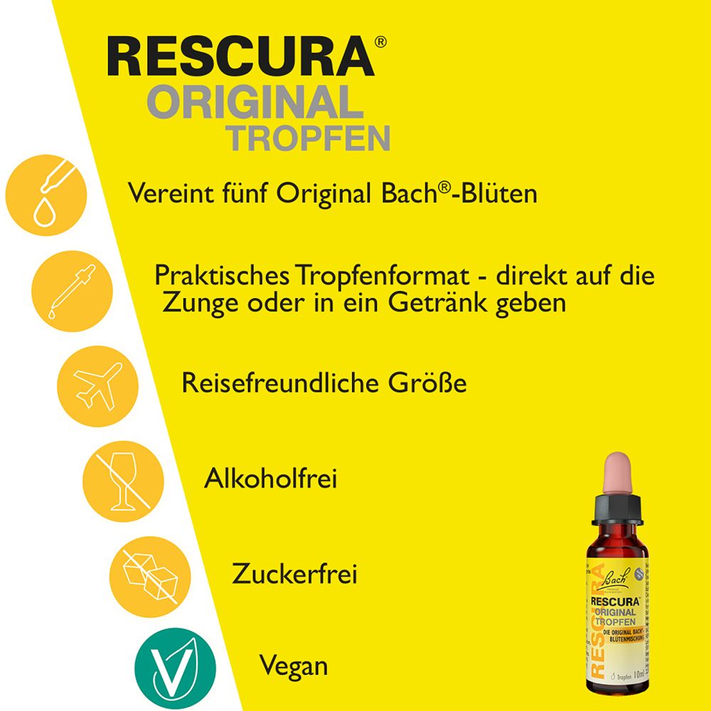 Gelber Hintergrund mit Text und Produktabbildung. Text: RESCURA Original Tropfen, alkoholfrei, zuckerfrei, vegan. Abbildung: Tropfflasche.
