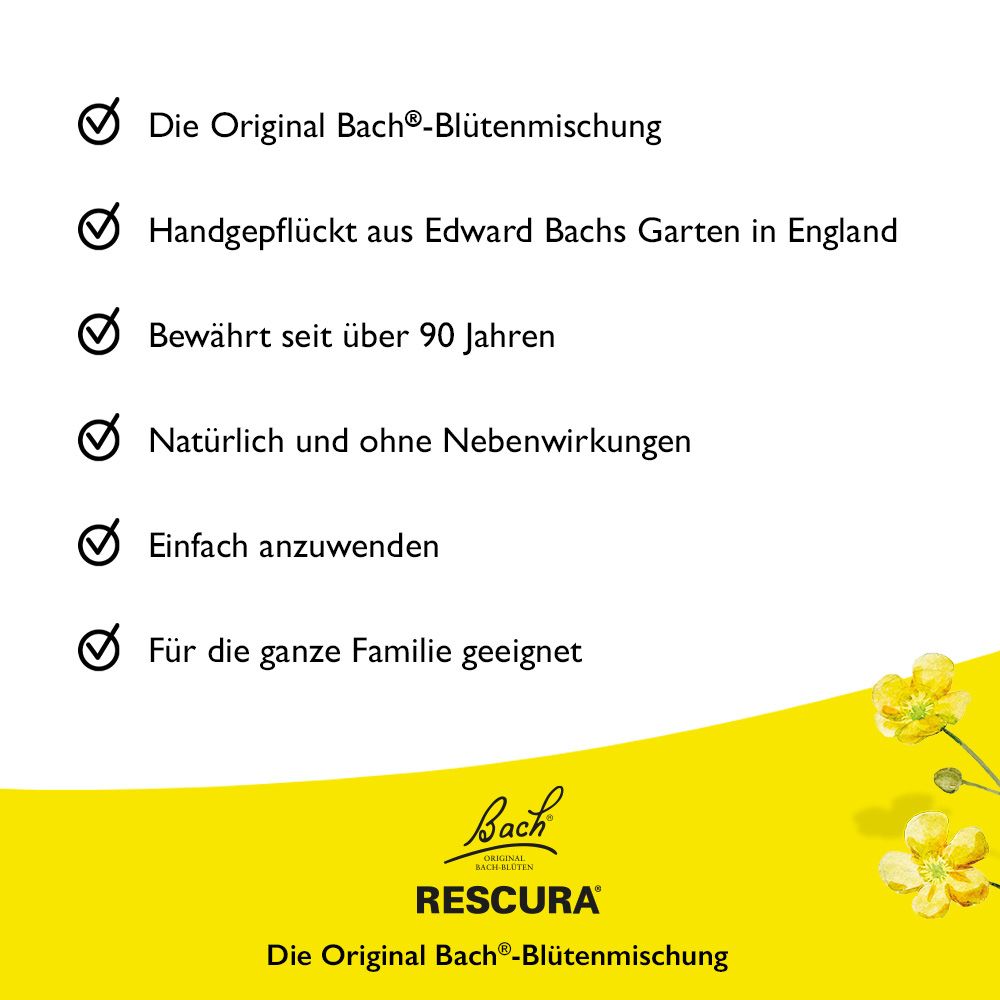 Gelber Hintergrund mit Text. Text: Die Original Bach-Blütenmischung, handgepflückt, bewährt seit über 90 Jahren, natürlich, einfach anzuwenden, für die ganze Familie.