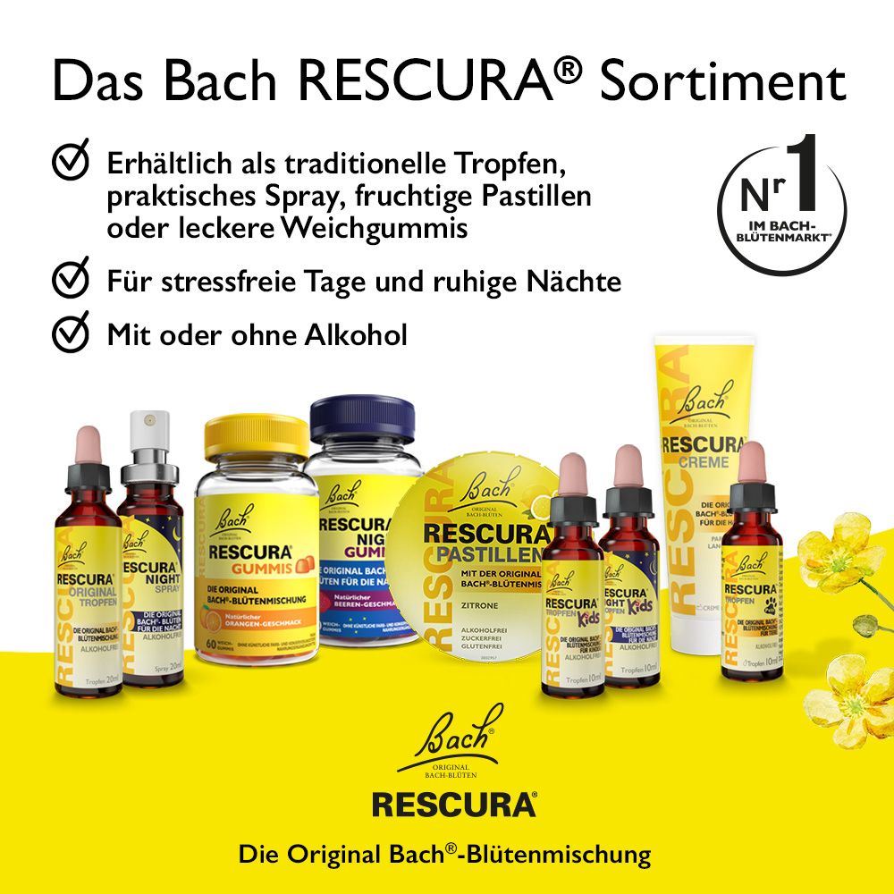 Verschiedene RESCURA Produkte. Tropfen, Spray, Pastillen, Weichgummis. Gelbe Verpackungen. Text: Das Bach RESCURA Sortiment, für stressfreie Tage und ruhige Nächte.