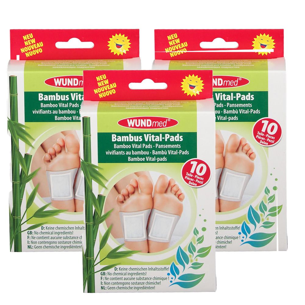 Verpackung von WUNDmed Bambus Vital-Pads. Zeigt Füße mit Pads. Enthält 10 Stück. Text: Neu, Bambus Vital-Pads, keine chemischen Inhaltsstoffe.