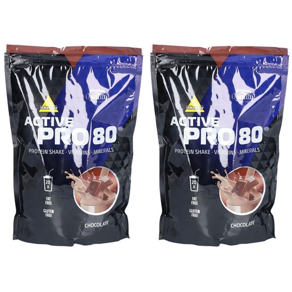 Deux sachets Inkospor Active Pro 80 Schokolade. Emballage noir avec nom du produit et image de chocolat.
