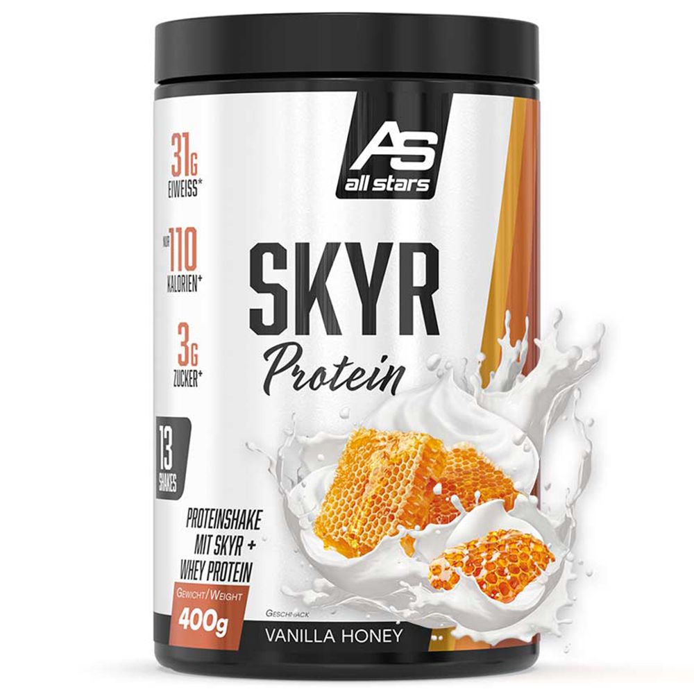 Pot All Stars Skyr Protein, goût Vanille Miel. Contient 31g protéines, 110 calories, 3g sucre. 400g.