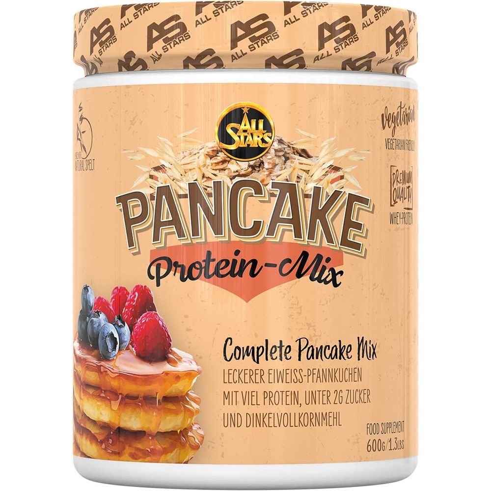 Beige Dose mit "All Stars® Pancake Protein-Mix". Aufschrift "Pancake Protein-Mix" und Abbildung von Pfannkuchen mit Beeren.