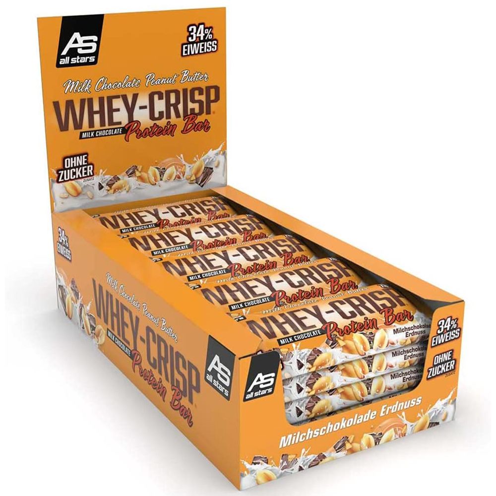 Orangefarbene Box mit Proteinriegeln. Aufdruck: Whey-Crisp Protein Bar, Milchschokolade Erdnuss, 34% Eiweiß, ohne Zucker. AS All Stars Logo.