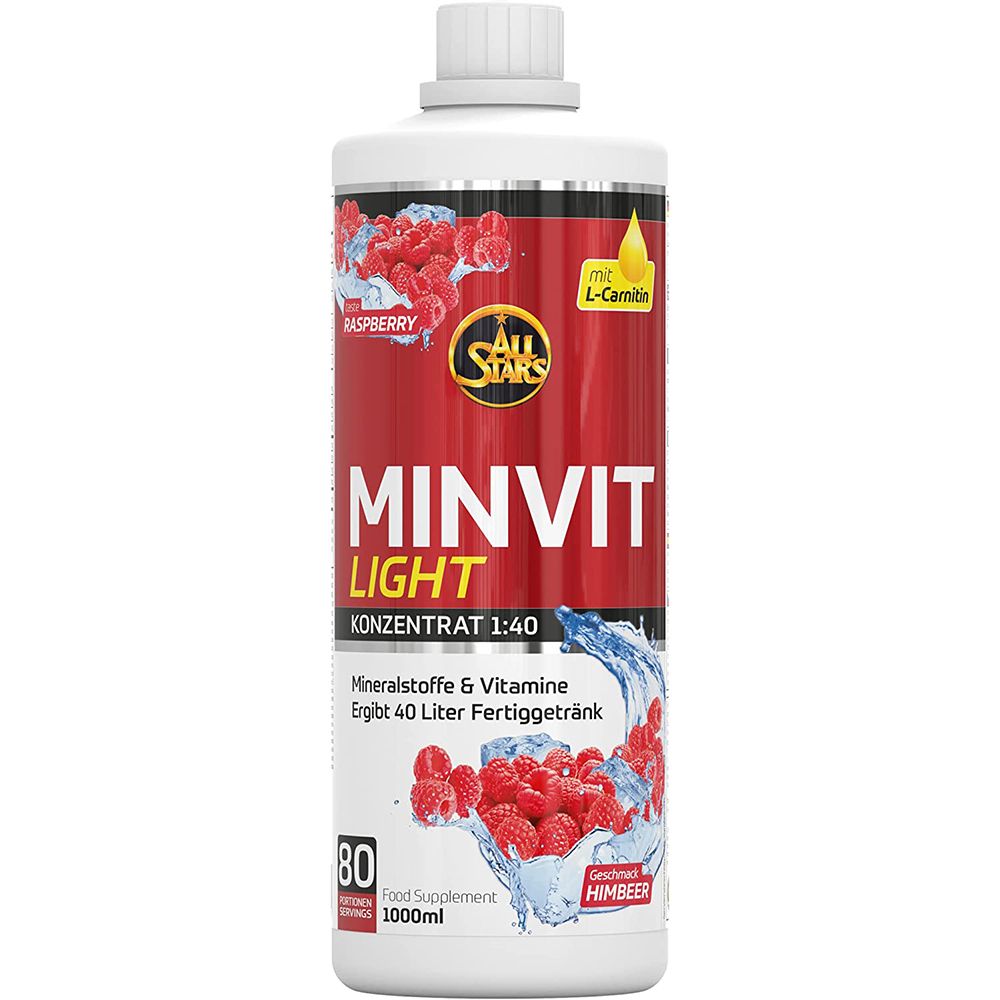 Weiße Flasche mit rotem Etikett. Aufschrift: MINVIT LIGHT, Himbeere. Enthält Mineralstoffe & Vitamine. 1000ml.