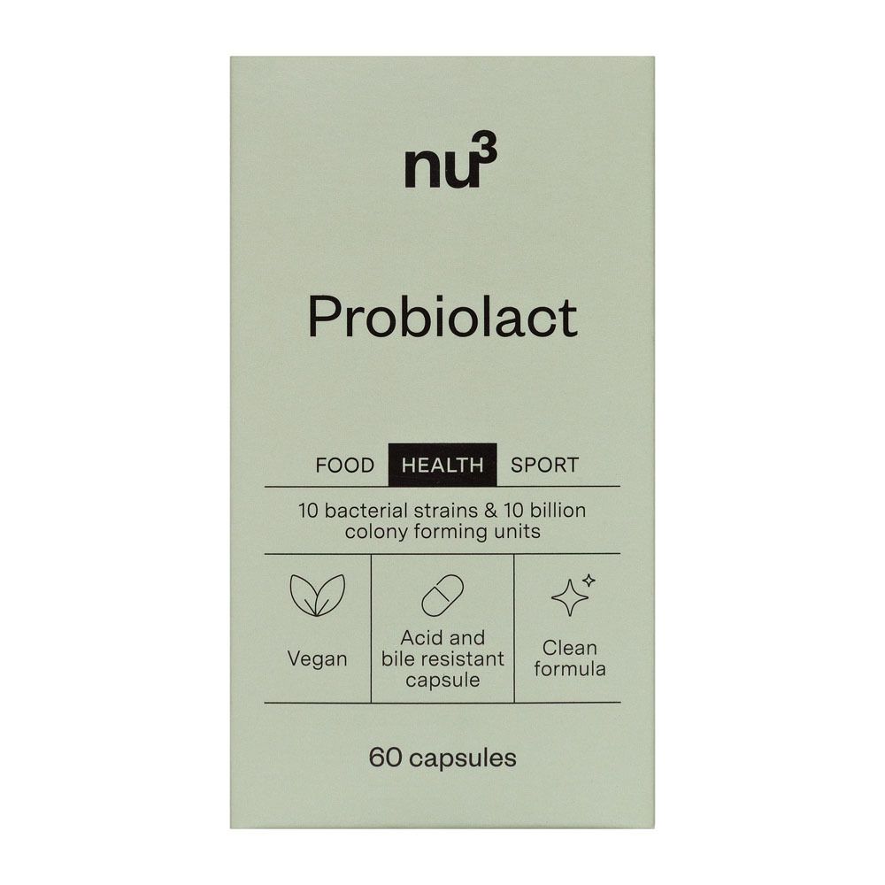 Rechteckige grüne Schachtel mit „nu3 Probiolact“. Enthält 60 Kapseln. Vegan, säure- und gallenresistente Kapsel, saubere Formel.