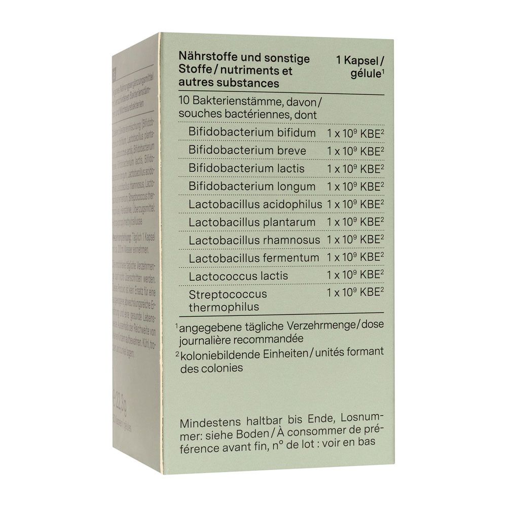 Rückseite der Schachtel mit Inhaltsstoffen von „nu3 Probiolact“. Enthält 10 Bakterienstämme. Mindesthaltbarkeit.