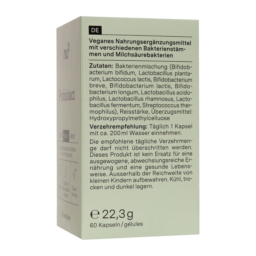 Rückseite der Schachtel mit Inhaltsstoffen von „nu3 Probiolact“. Vegan, Nahrungsergänzungsmittel. 60 Kapseln.