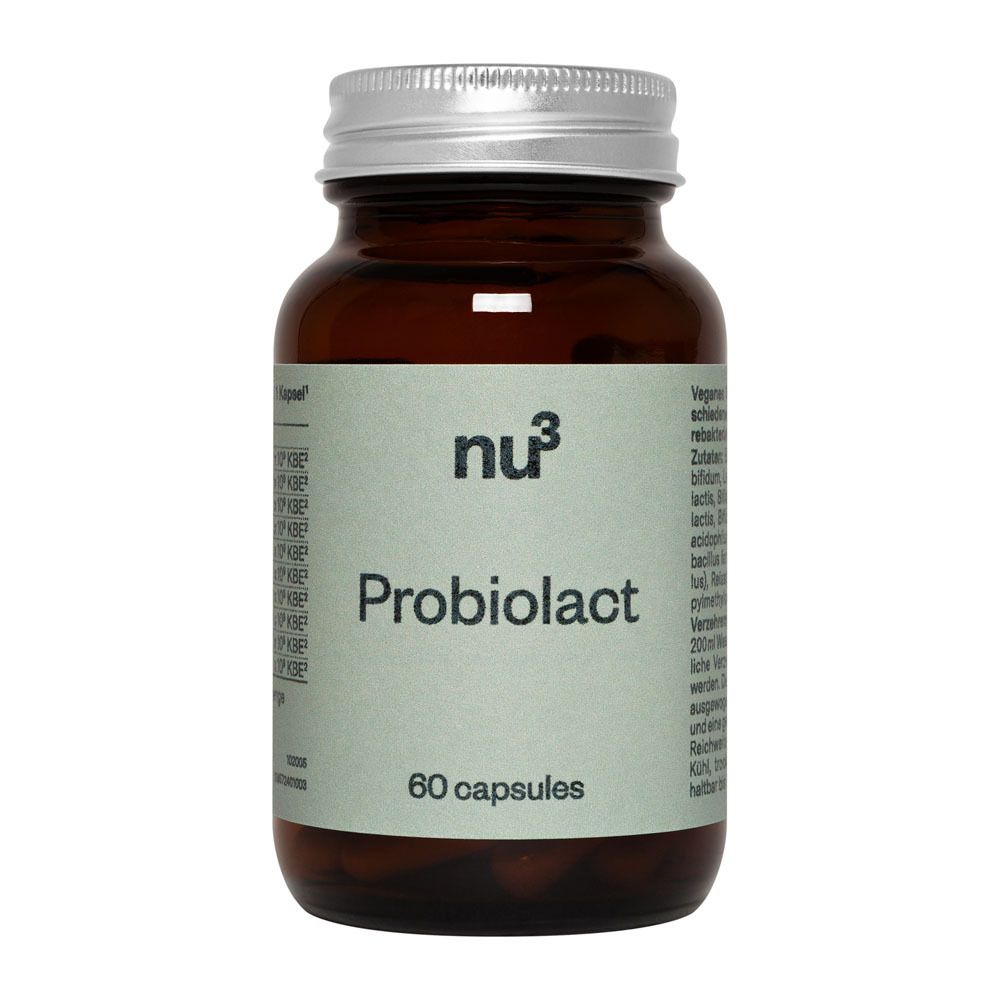 Braune Glasflasche mit silbernem Deckel. „nu3 Probiolact“ mit 60 Kapseln. Aufkleber mit Inhaltsstoffen.