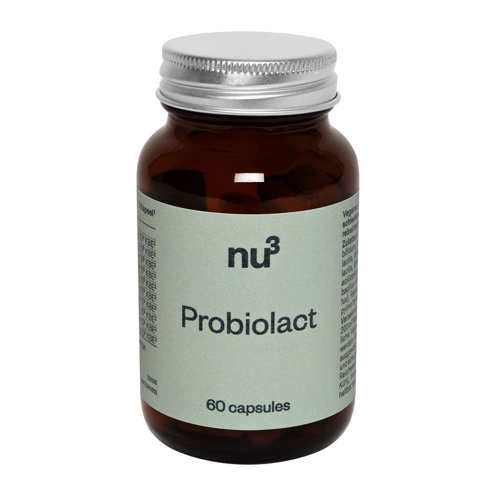 Braune Glasflasche mit silbernem Deckel. „nu3 Probiolact“ mit 60 Kapseln. Aufkleber mit Inhaltsstoffen.