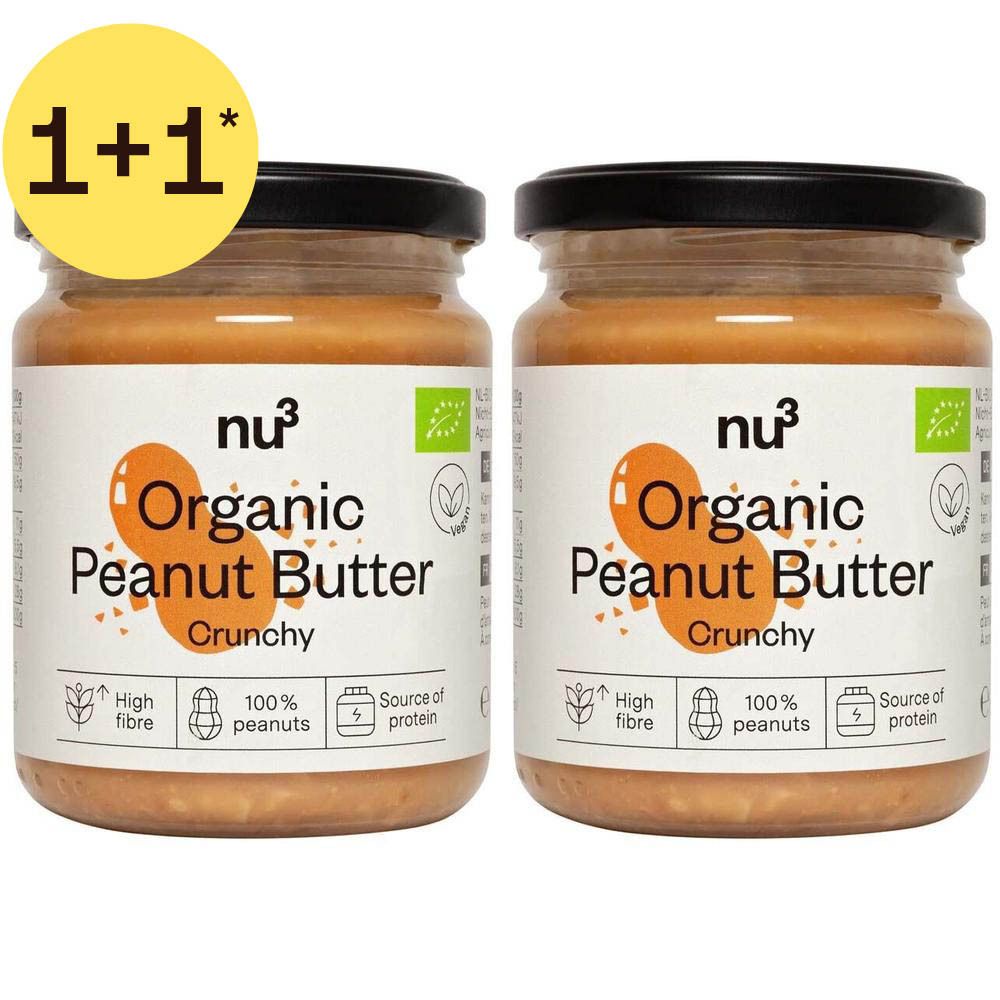 Zwei Gläser nu³ Bio Erdnussbutter Crunchy.