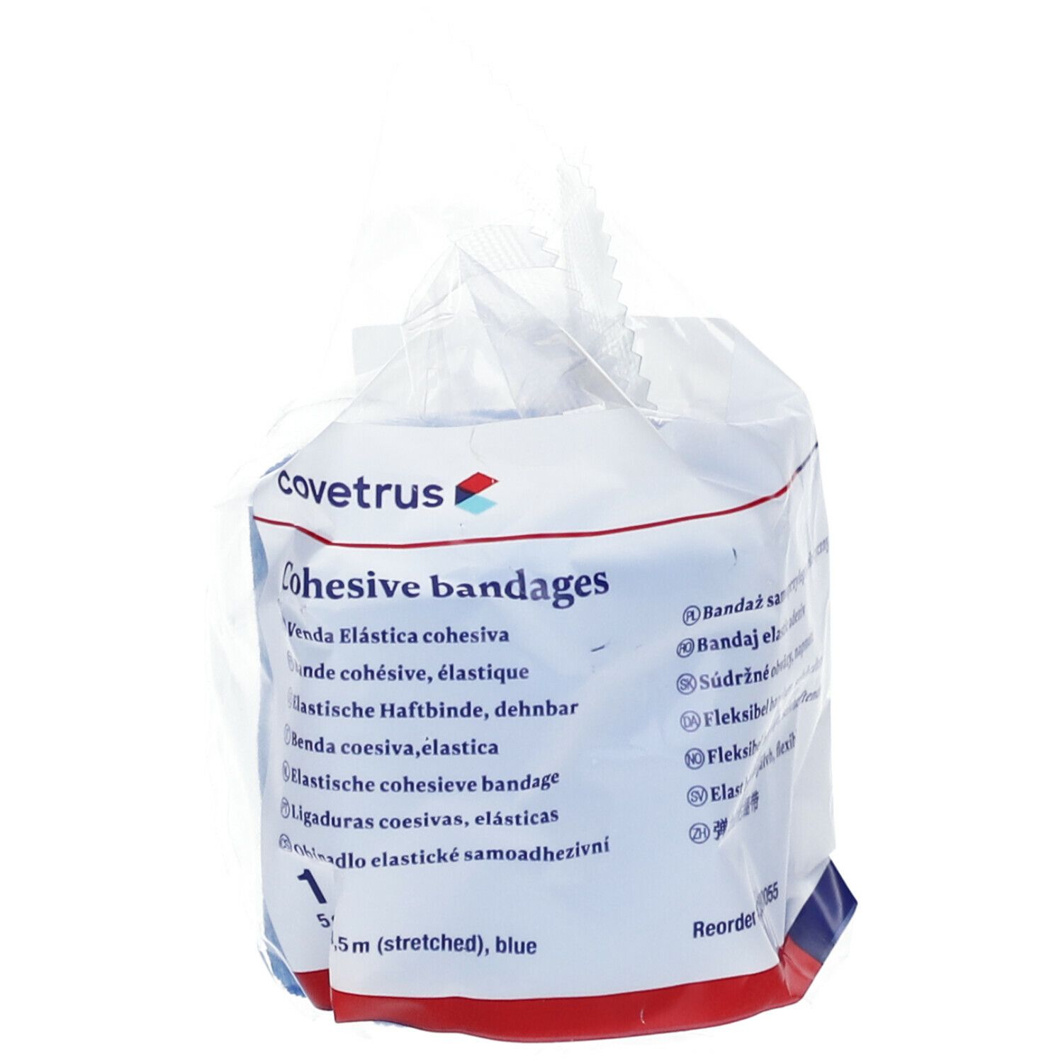 Verpackung mit blauen, kohäsiven Bandagen. Aufschrift: Covetrus, Cohesive bandages. 5m (gestreckt), blau.