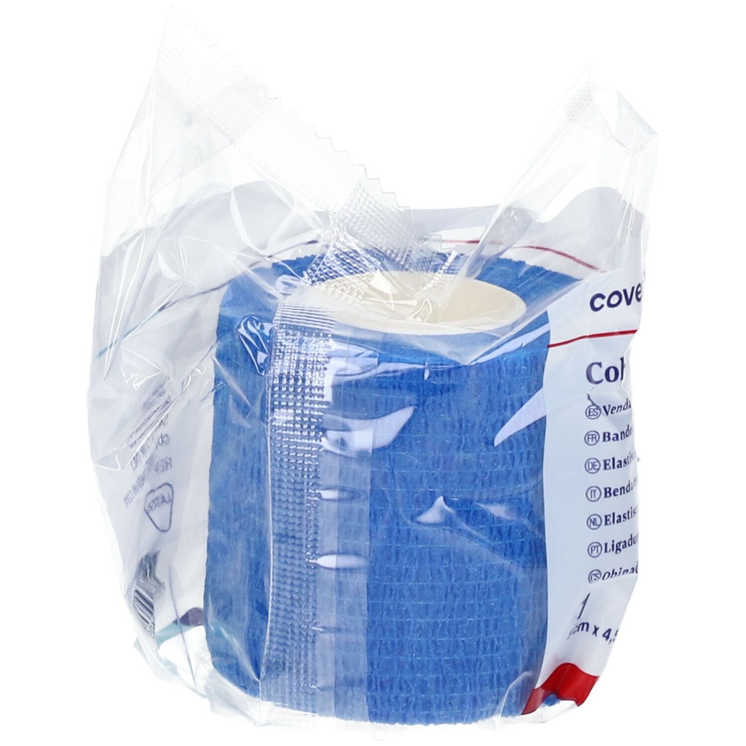 Blaues, gerolltes, kohäsives Bandage in transparenter Verpackung. Aufschrift: Covetrus, 5cm x 4,5m.