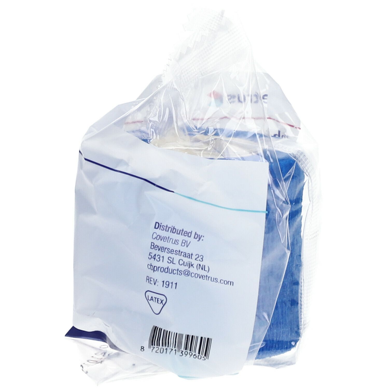Rückseite der Verpackung mit Informationen. Aufschrift: Distributed by: Covetrus BV. Latex-Symbol und Barcode.