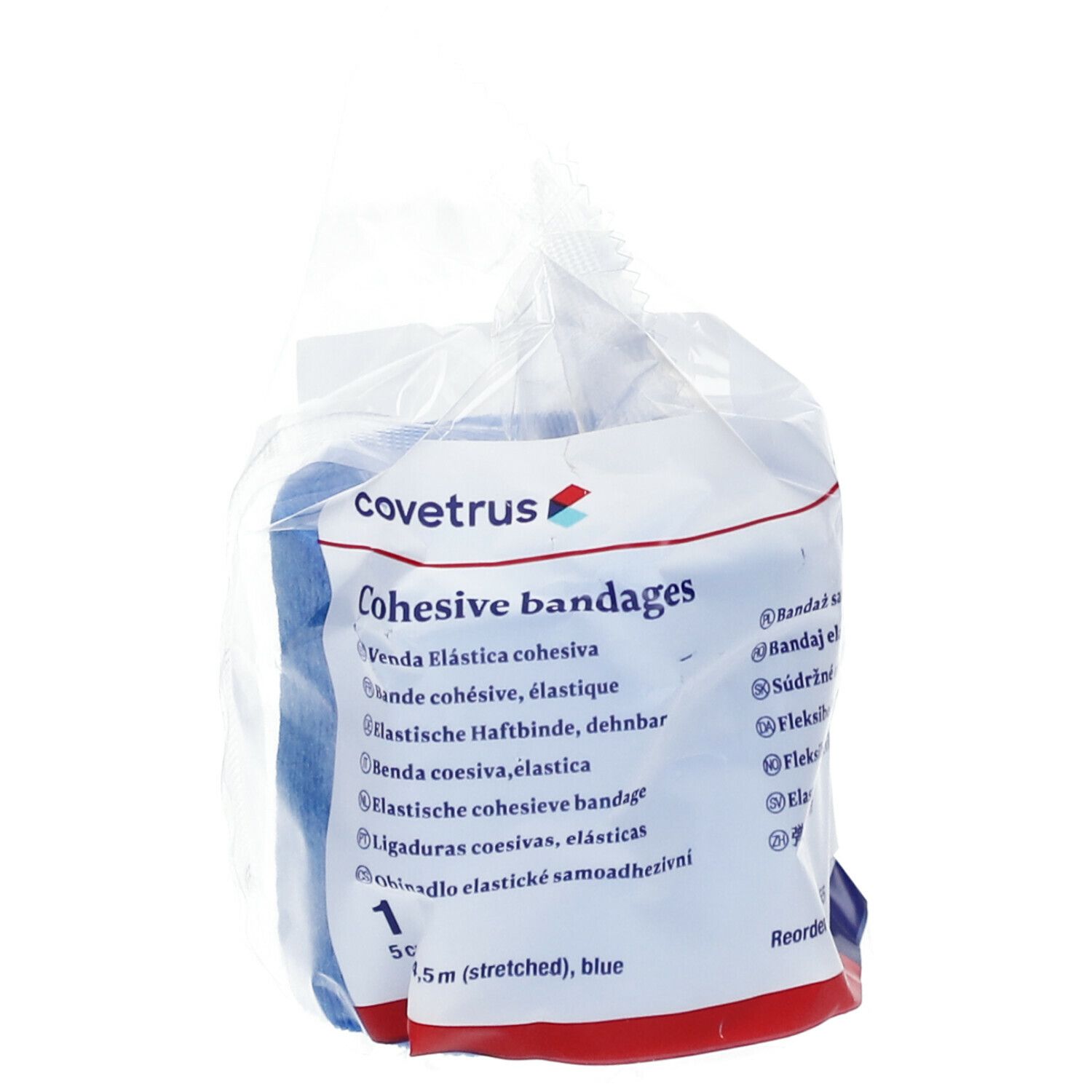 Verpackung mit blauen, kohäsiven Bandagen. Aufschrift: Covetrus, Cohesive bandages. 5m (gestreckt), blau.