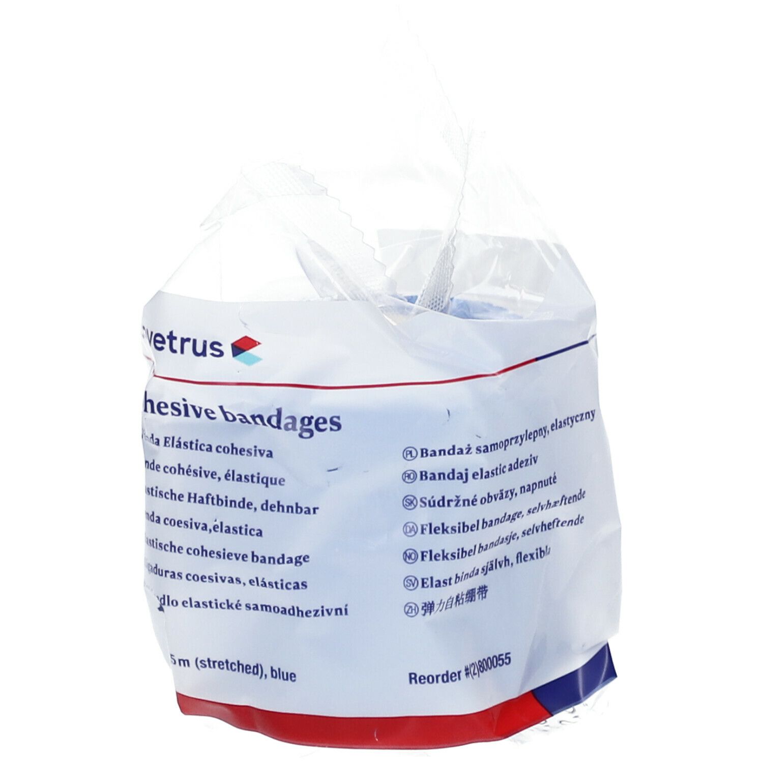 Verpackung mit blauen, kohäsiven Bandagen. Aufschrift: Covetrus, Cohesive bandages. 5m (gestreckt), blau.
