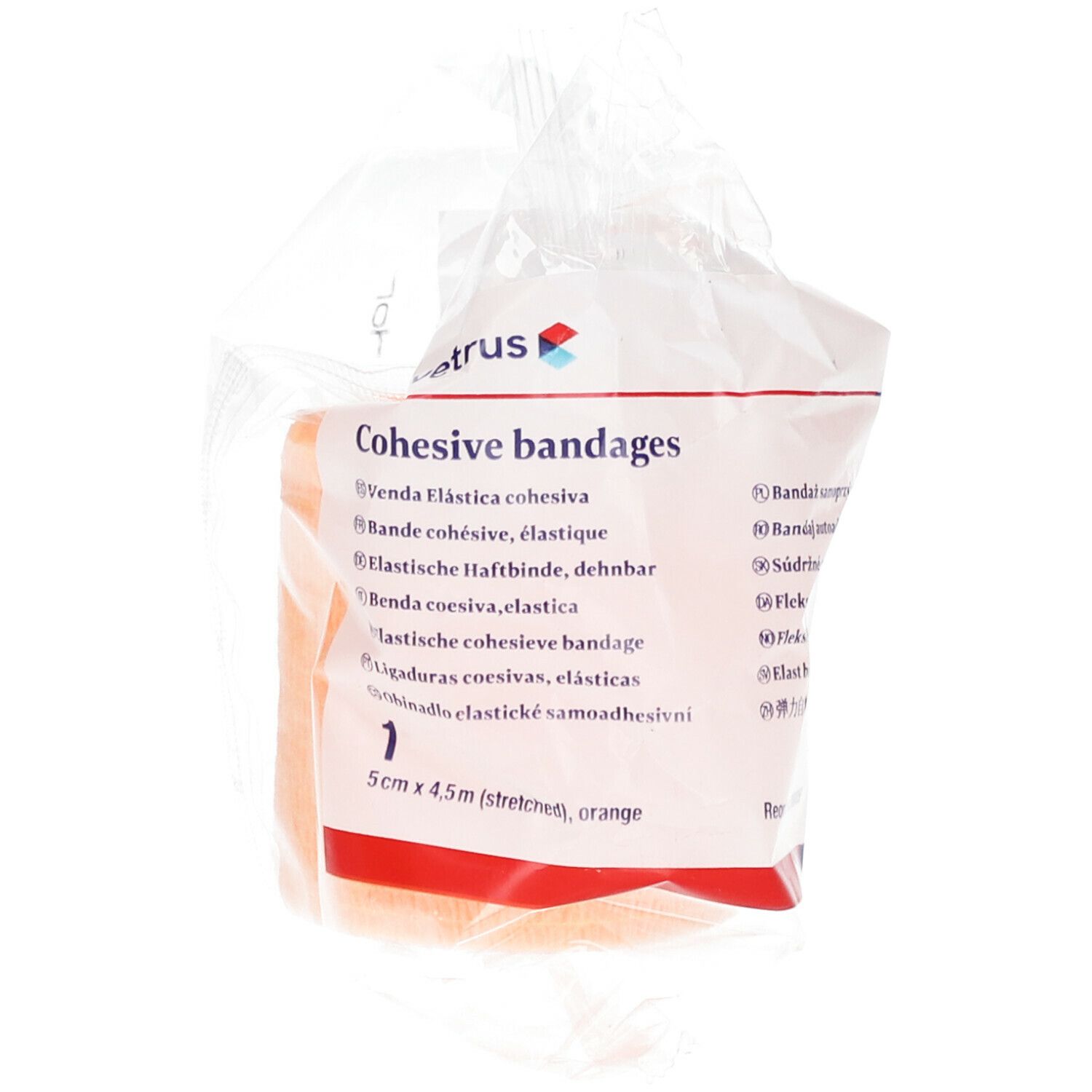 Verpackung mit orangefarbenen, selbstklebenden Bandagen. Aufschrift: Cohesive bandages, 5cm x 4,5m (stretched, orange).