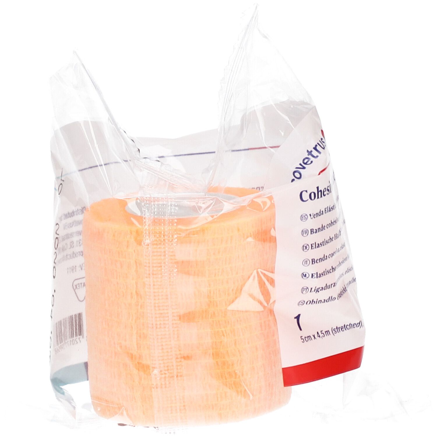 Orangefarbene, gerollte, selbstklebende Bandage in transparenter Verpackung. Aufschrift: 5cm x 4,5m (stretched, orange).