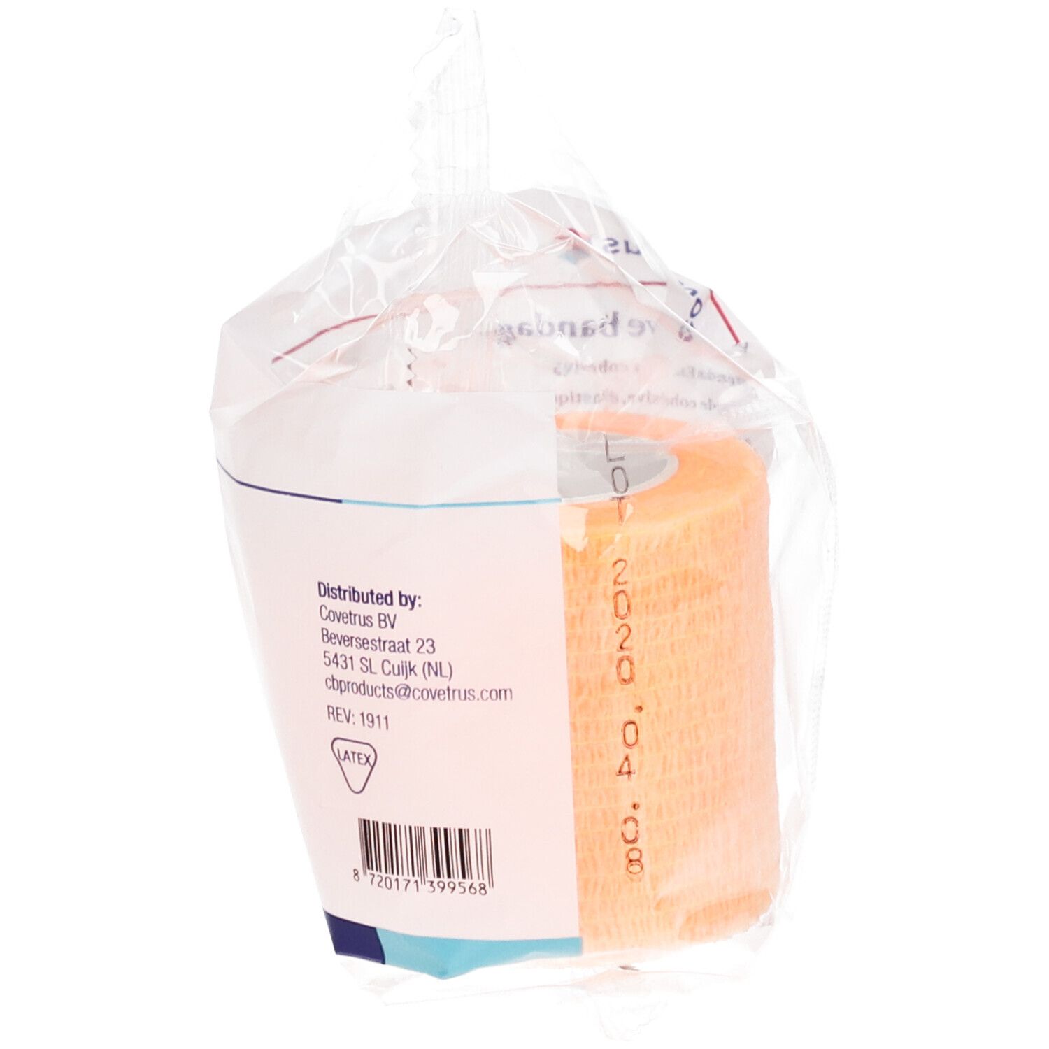 Orangefarbene, gerollte Bandage in transparenter Verpackung. Aufdruck: Covetrus BV, 5cm x 4,5m (stretched, orange).