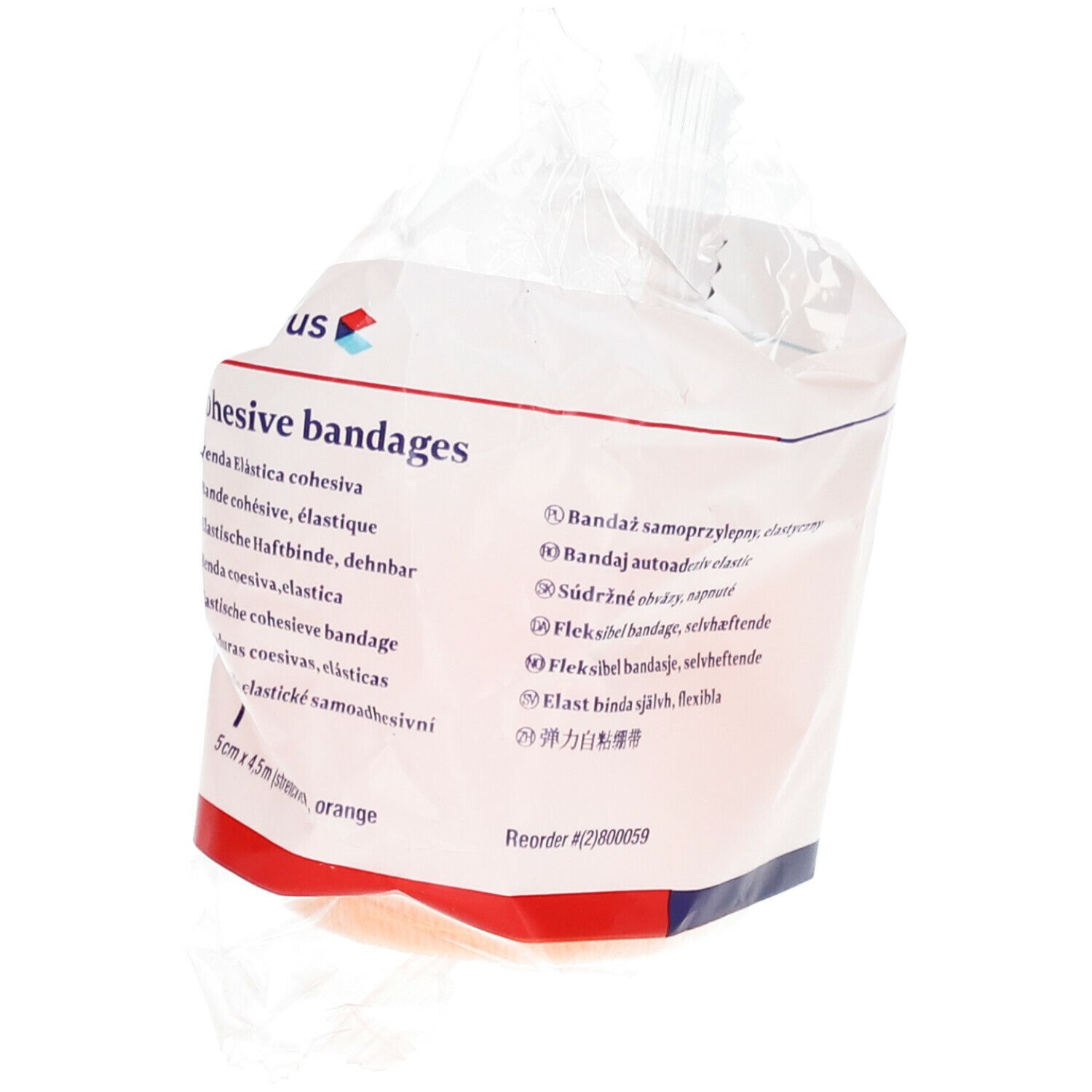 Verpackung mit orangefarbenen, selbstklebenden Bandagen. Aufschrift: Cohesive bandages, 5cm x 4,5m (stretched, orange).