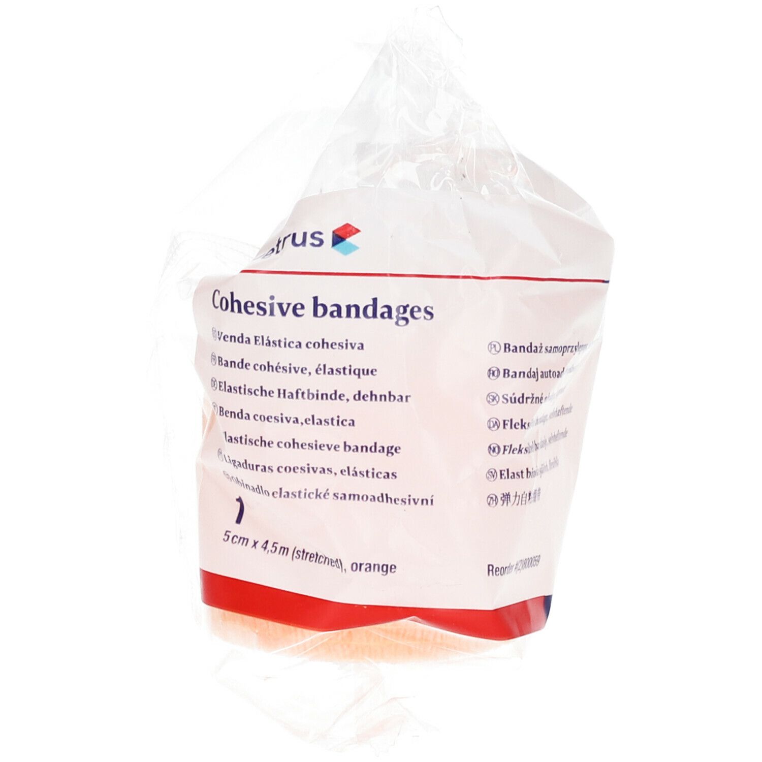 Rückseite der Verpackung mit orangefarbenen Bandagen. Aufdruck: Covetrus, 5cm x 4,5m (stretched, orange).