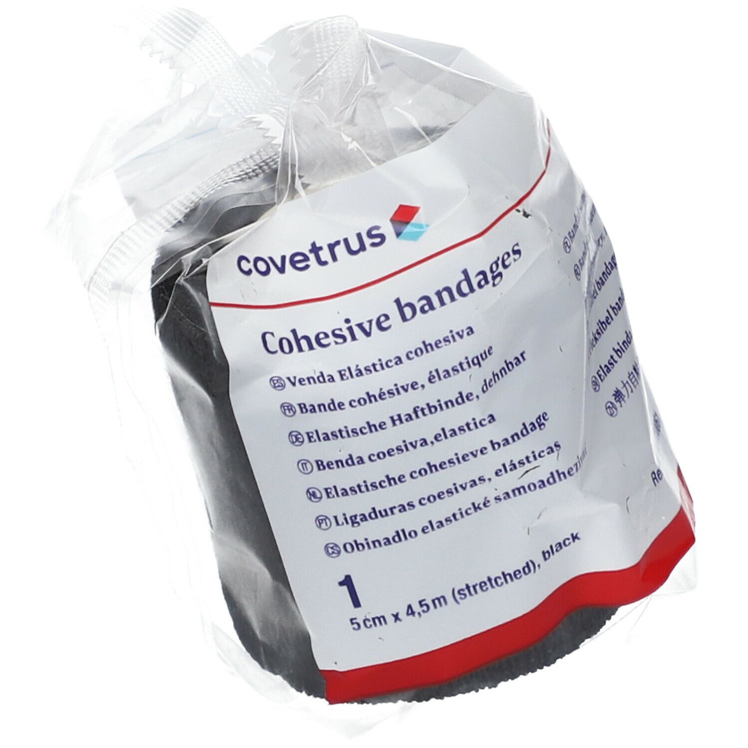 Schwarze, kohäsive Bandage in Plastikverpackung. Aufschrift: Covetrus Cohesive bandages, 5cm x 4,5m (stretched), schwarz.