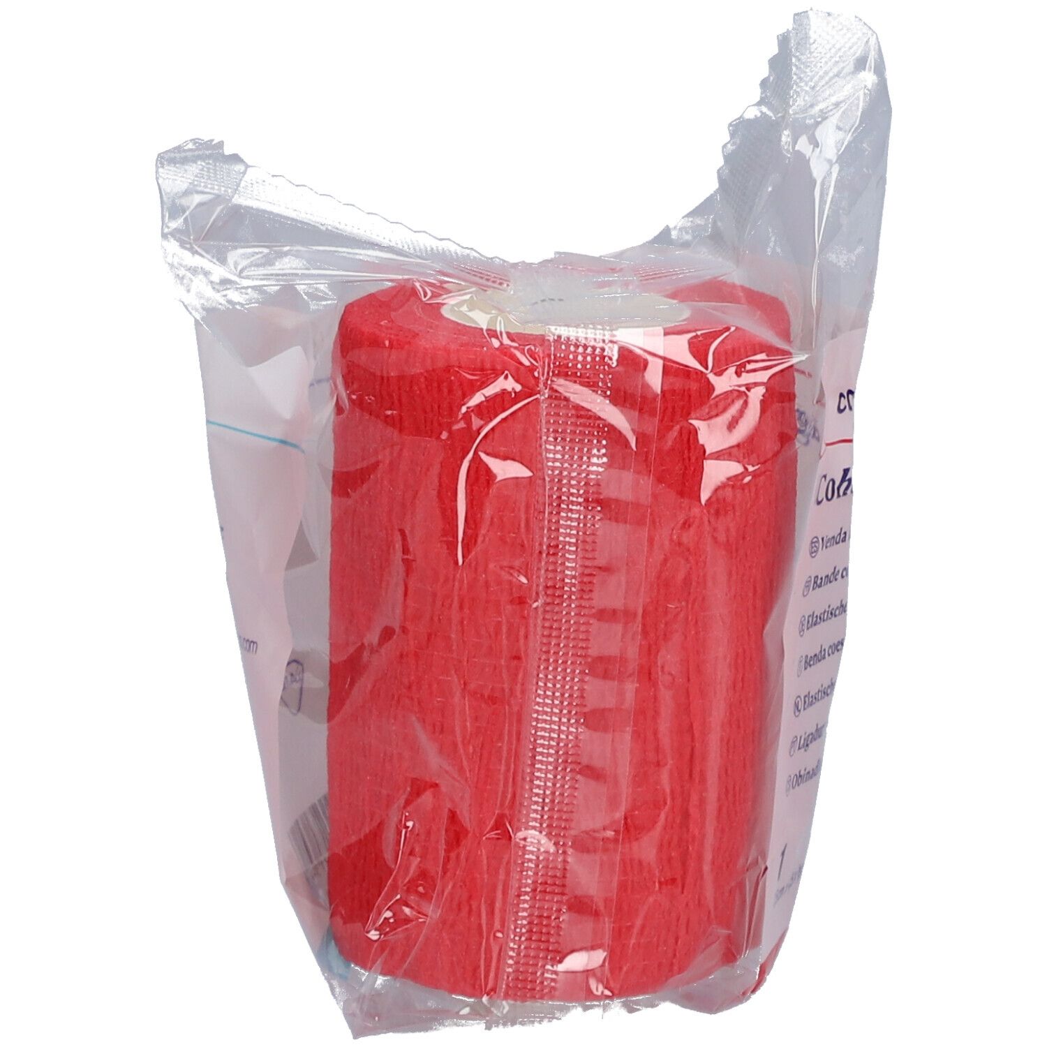 Rolle rote, kohäsive Bandage in Folienverpackung. Sichtbar: rote Bandage.