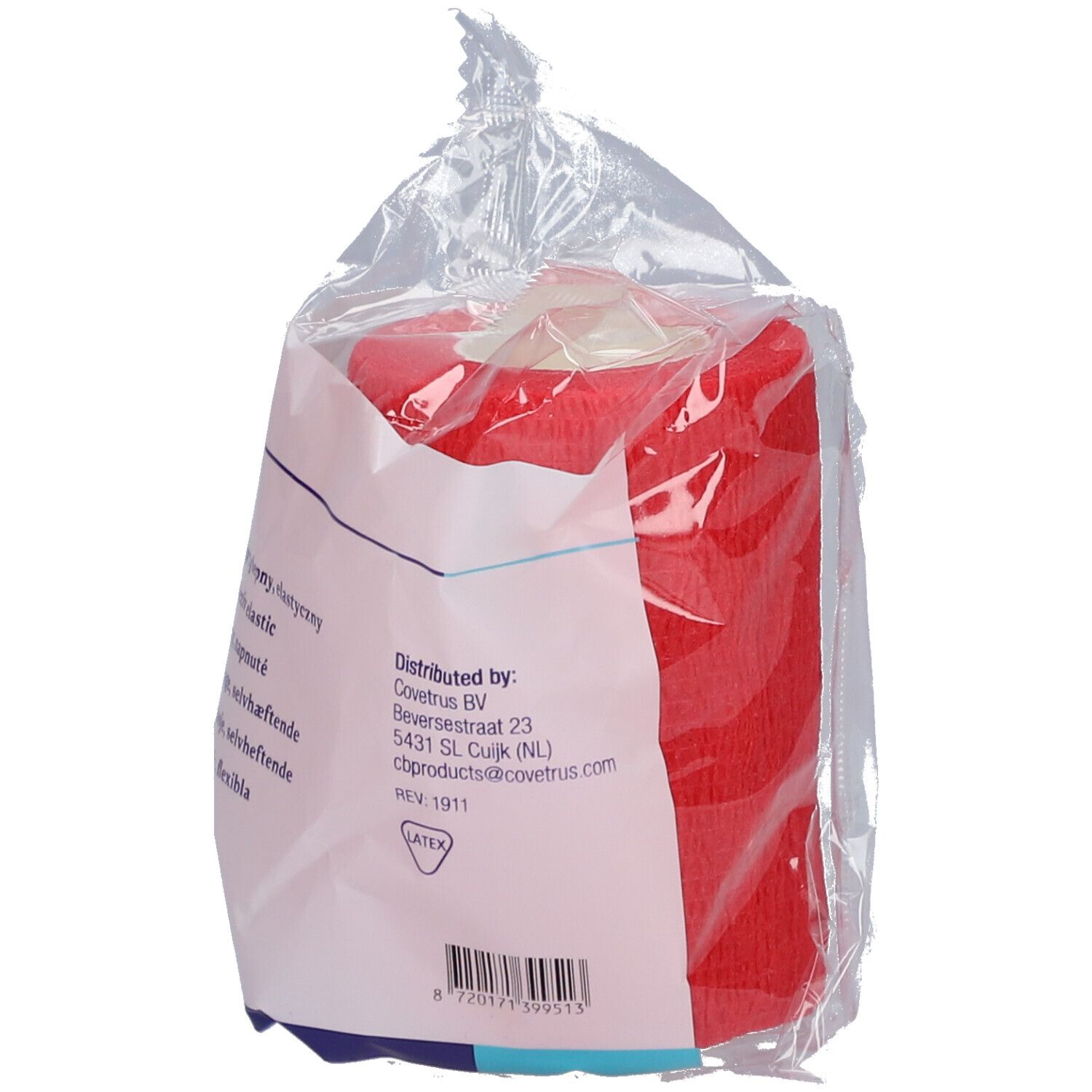 Rolle rote, kohäsive Bandage in Folienverpackung. Aufdruck: Covetrus BV, Latex.