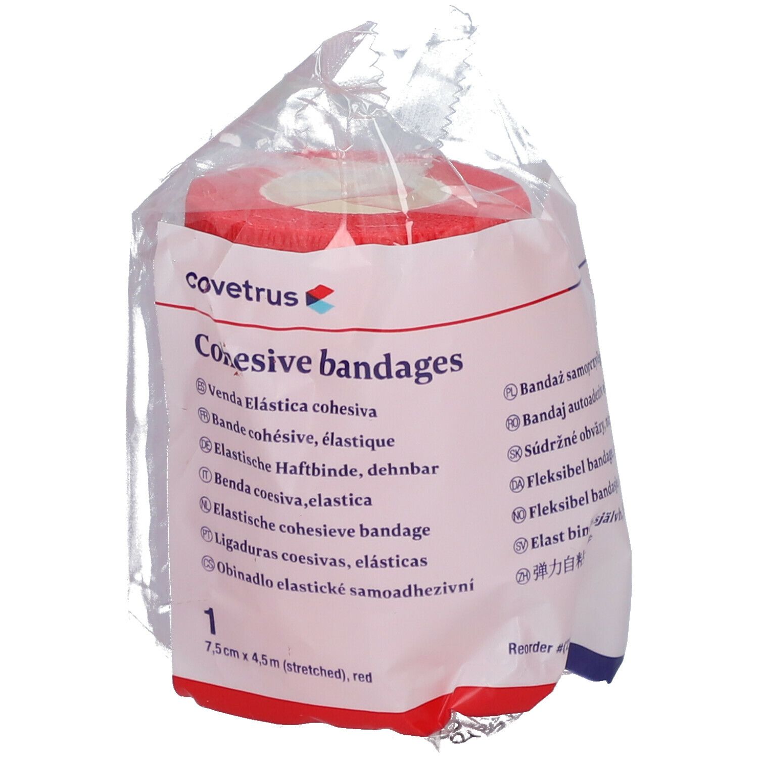 Rolle rote, kohäsive Bandage in Folienverpackung. Aufdruck: Covetrus, Cohesive bandages, 7,5cm x 4,5m (stretched), rot.