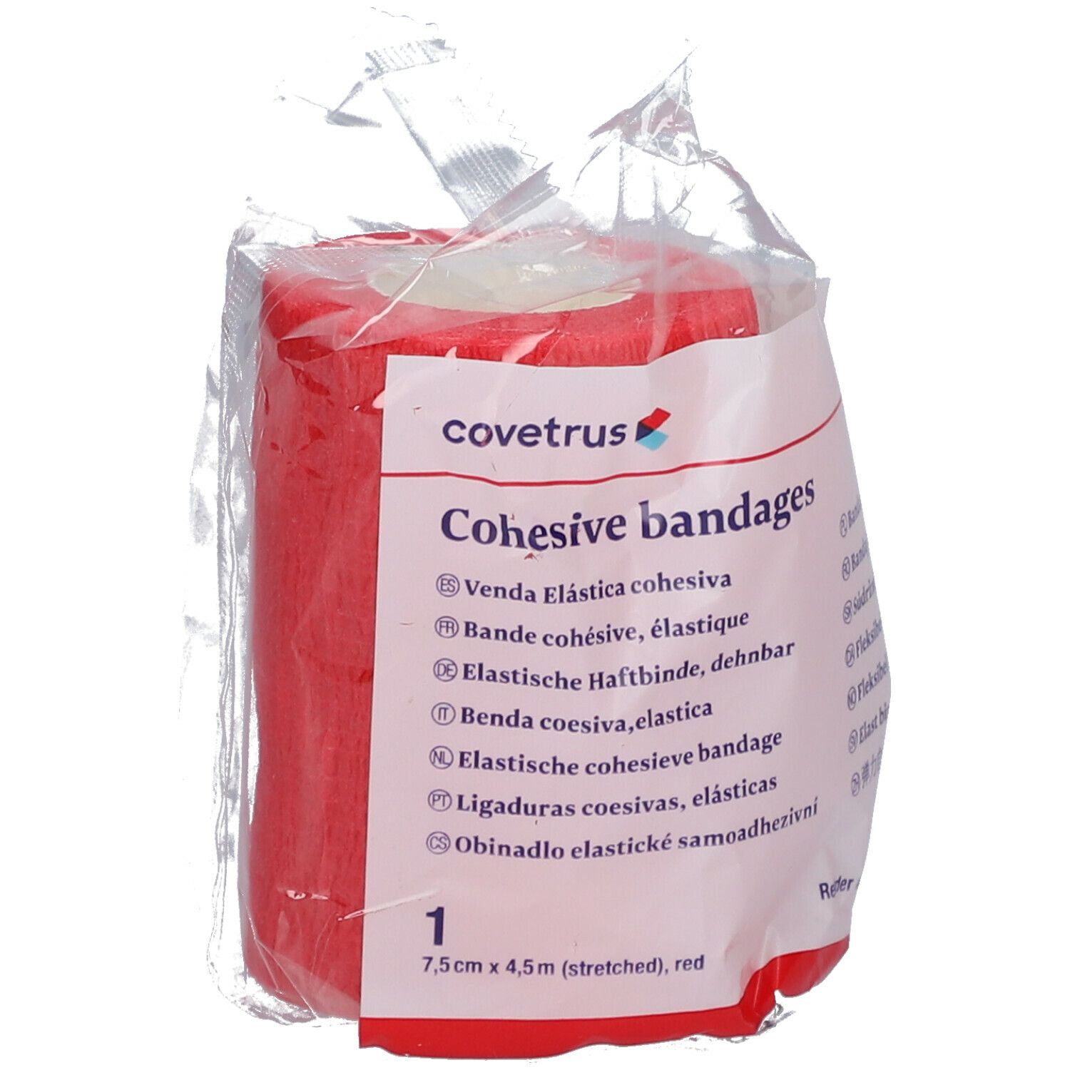 Rolle rote, kohäsive Bandage in Folienverpackung. Aufdruck: Covetrus, Cohesive bandages, 7,5cm x 4,5m (stretched), rot.