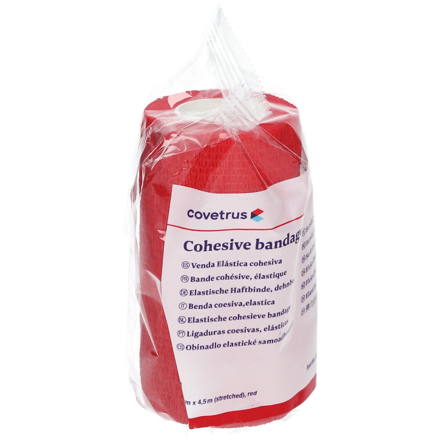 Rolle rote, kohäsive Bandage in transparenter Verpackung. Aufdruck: Covetrus, Cohesive bandage, 10cm x 4,5m (stretched), rot.