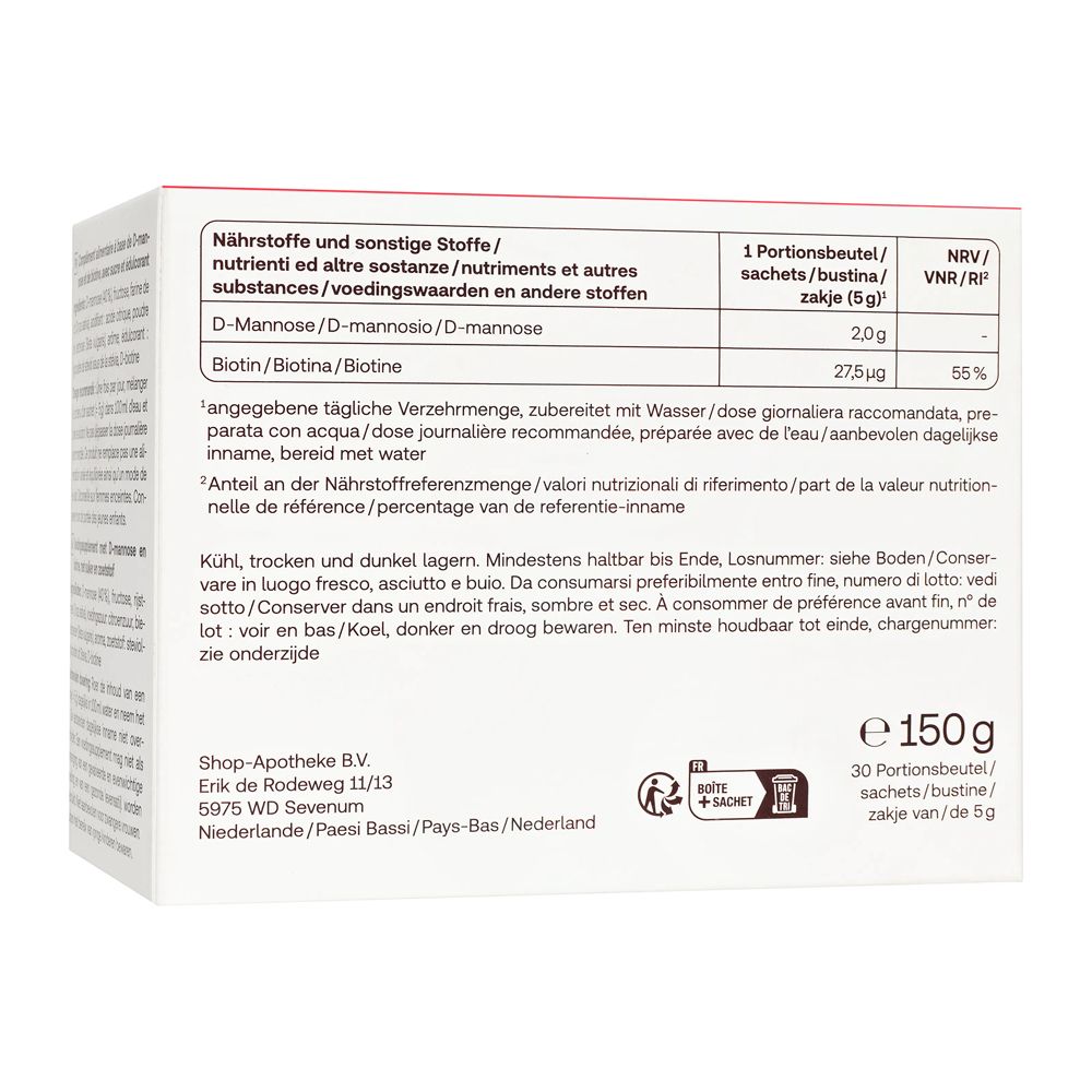 Dos d'une boîte Redcare Fem D-Mannose. Texte avec informations nutritionnelles et ingrédients.