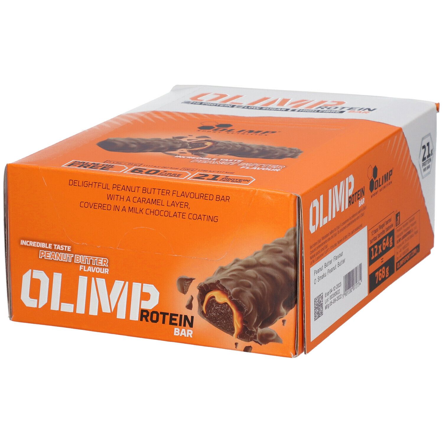 Boîte orange OLIMP PROTEIN BAR. Inscription : Peanut Butter Flavour. Barre avec couche de caramel et enrobage chocolat au lait.