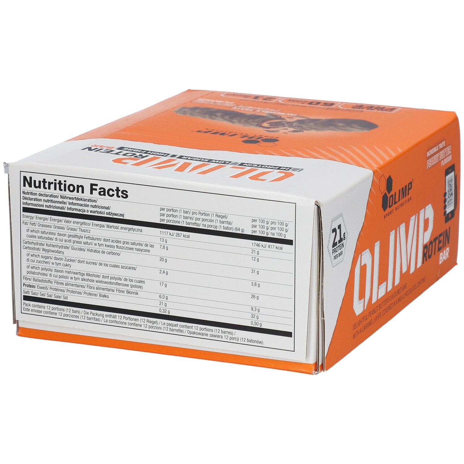Emballage OLIMP PROTEIN BAR. Dos avec informations nutritionnelles. Inscription : 21g de protéines par barre.
