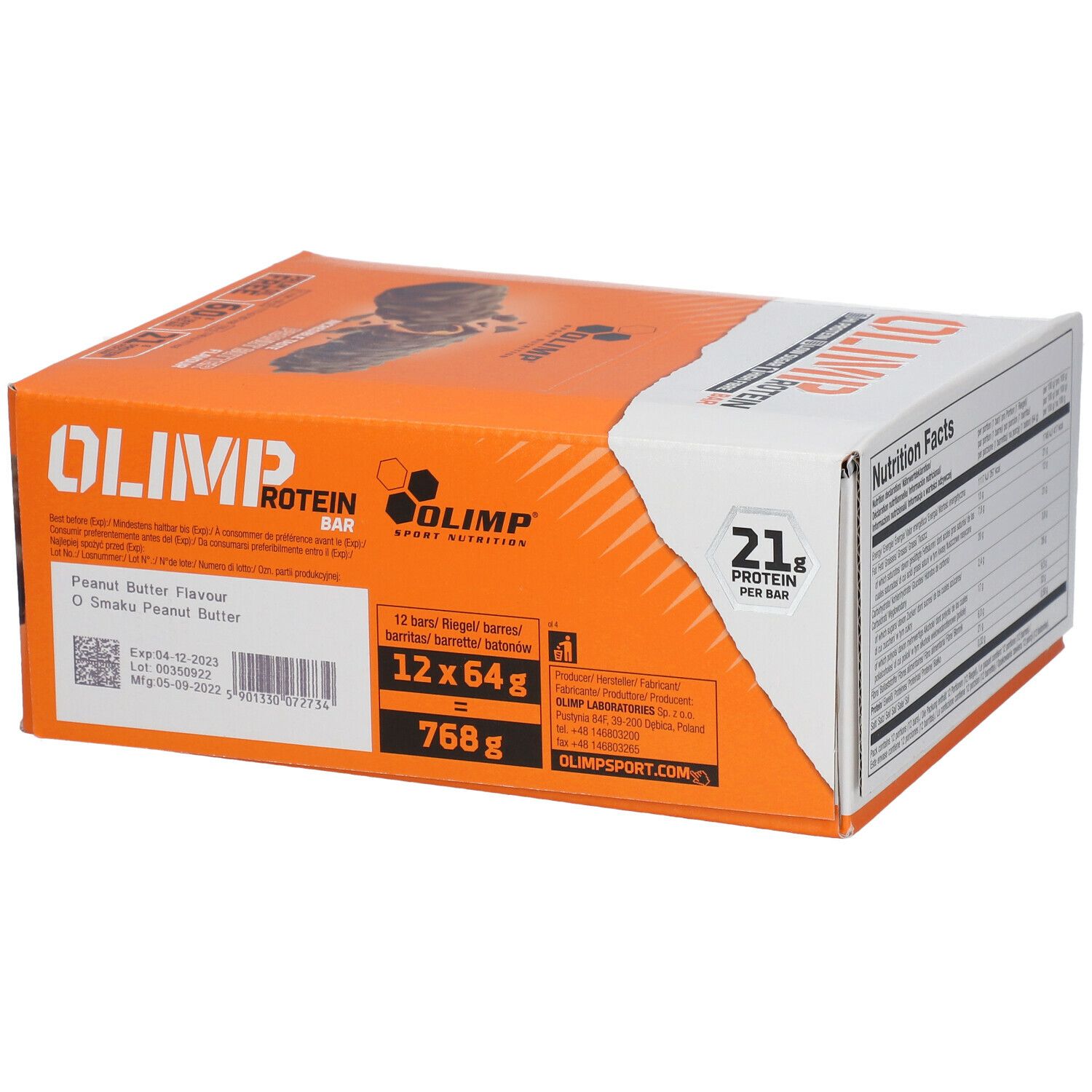 Emballage OLIMP PROTEIN BAR. Inscription : Peanut Butter Flavour. Contient 12 barres de 64g. 21g de protéines par barre.