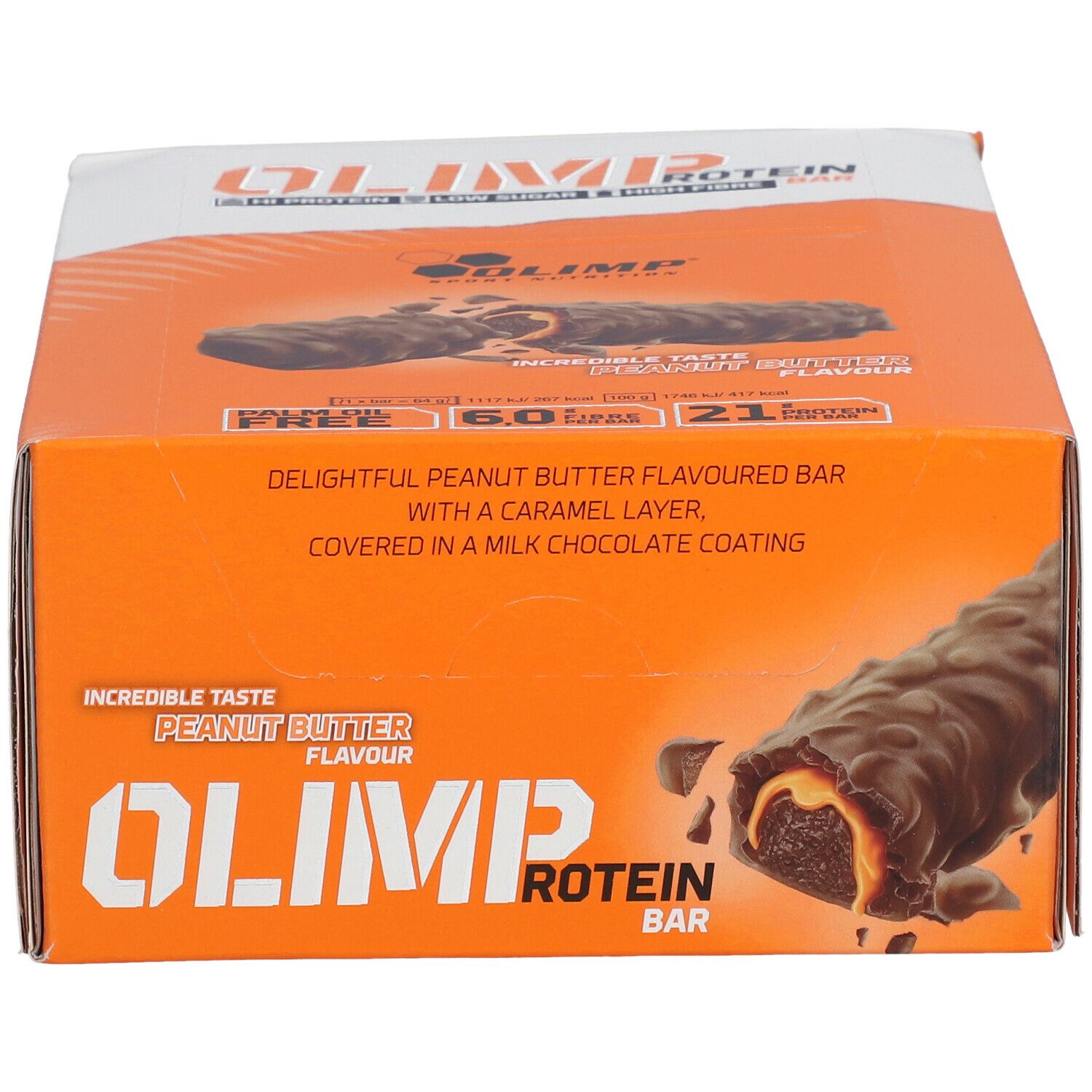 Boîte orange OLIMP PROTEIN BAR. Inscription : Peanut Butter Flavour. Barre avec couche de caramel et enrobage chocolat au lait.