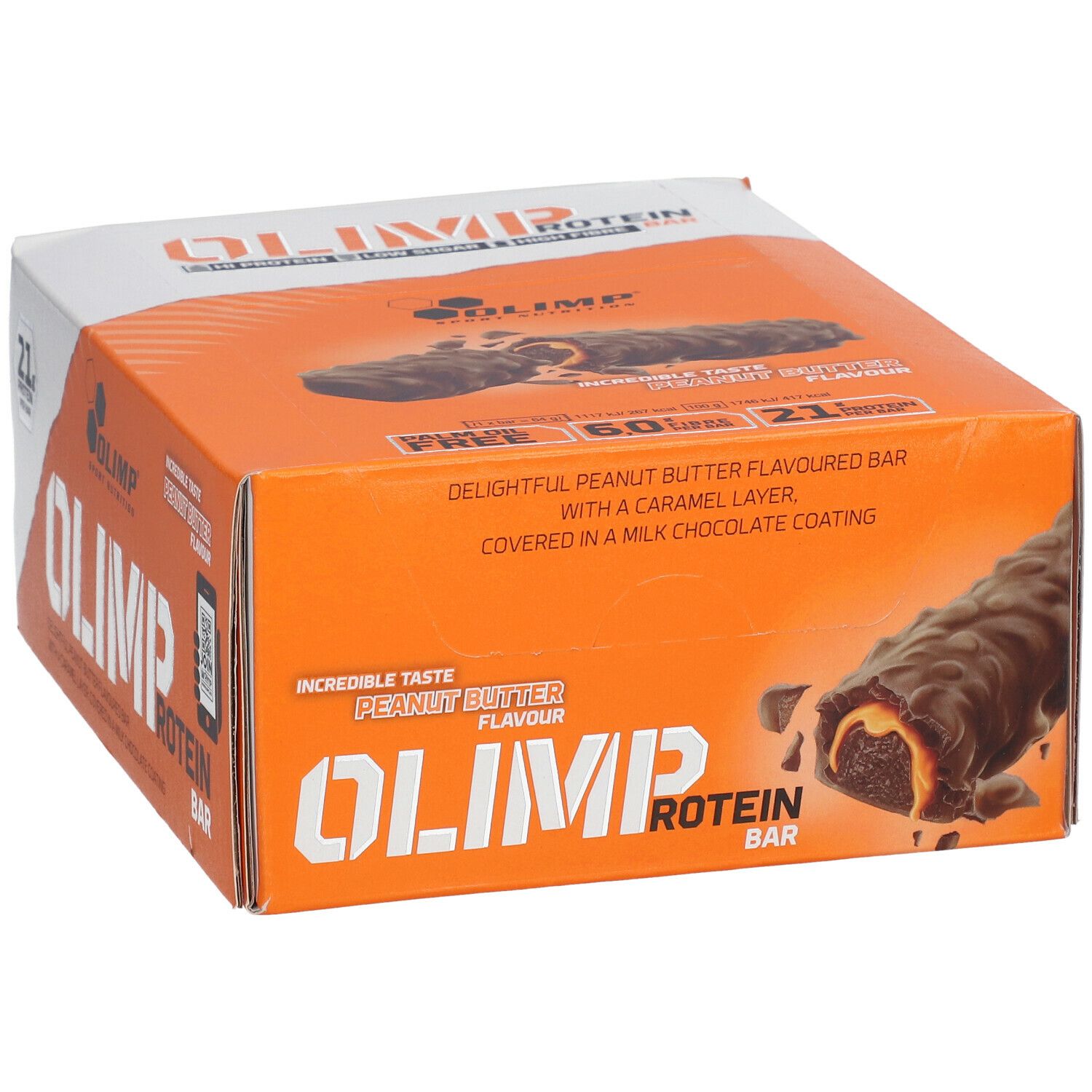 Boîte orange OLIMP PROTEIN BAR. Inscription : Peanut Butter Flavour. Barre avec couche de caramel et enrobage chocolat au lait.
