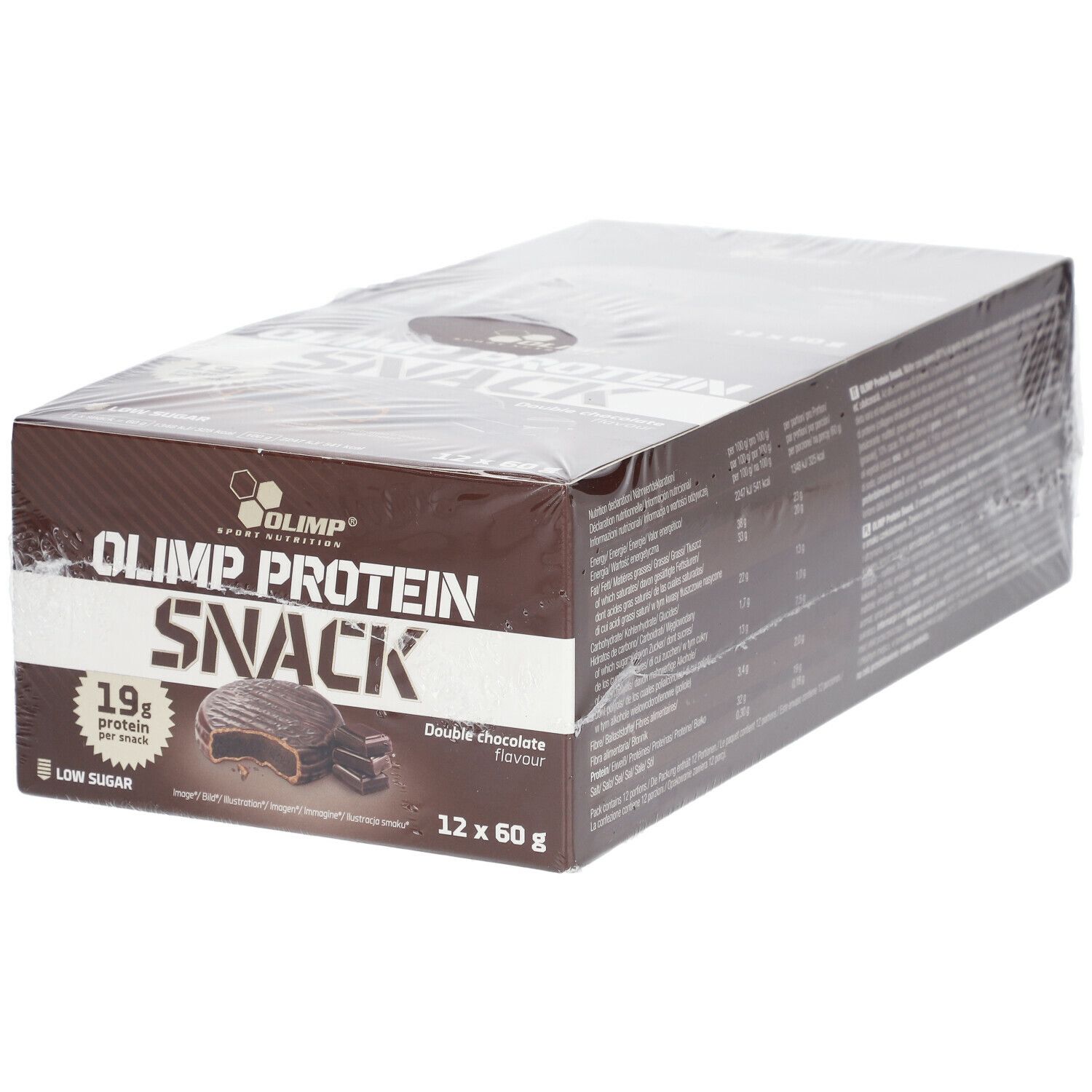 Boîte de barres protéinées OLIMP SNACK, goût double chocolat. 12 barres de 60g. 19g de protéines par barre. Faible teneur en sucre.