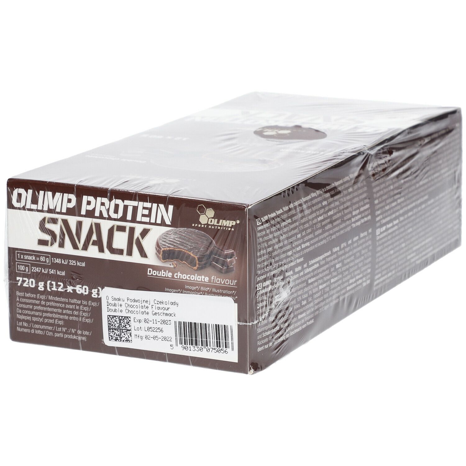 Boîte OLIMP PROTEIN SNACK, goût double chocolat. 12 barres de 60g. 19g protéines par barre. Informations produit.