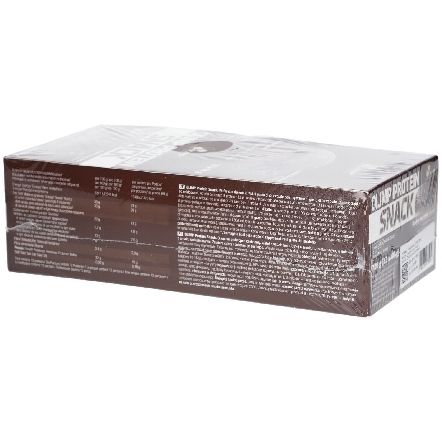 Boîte OLIMP PROTEIN SNACK, goût double chocolat. Informations produit et valeurs nutritionnelles au dos.