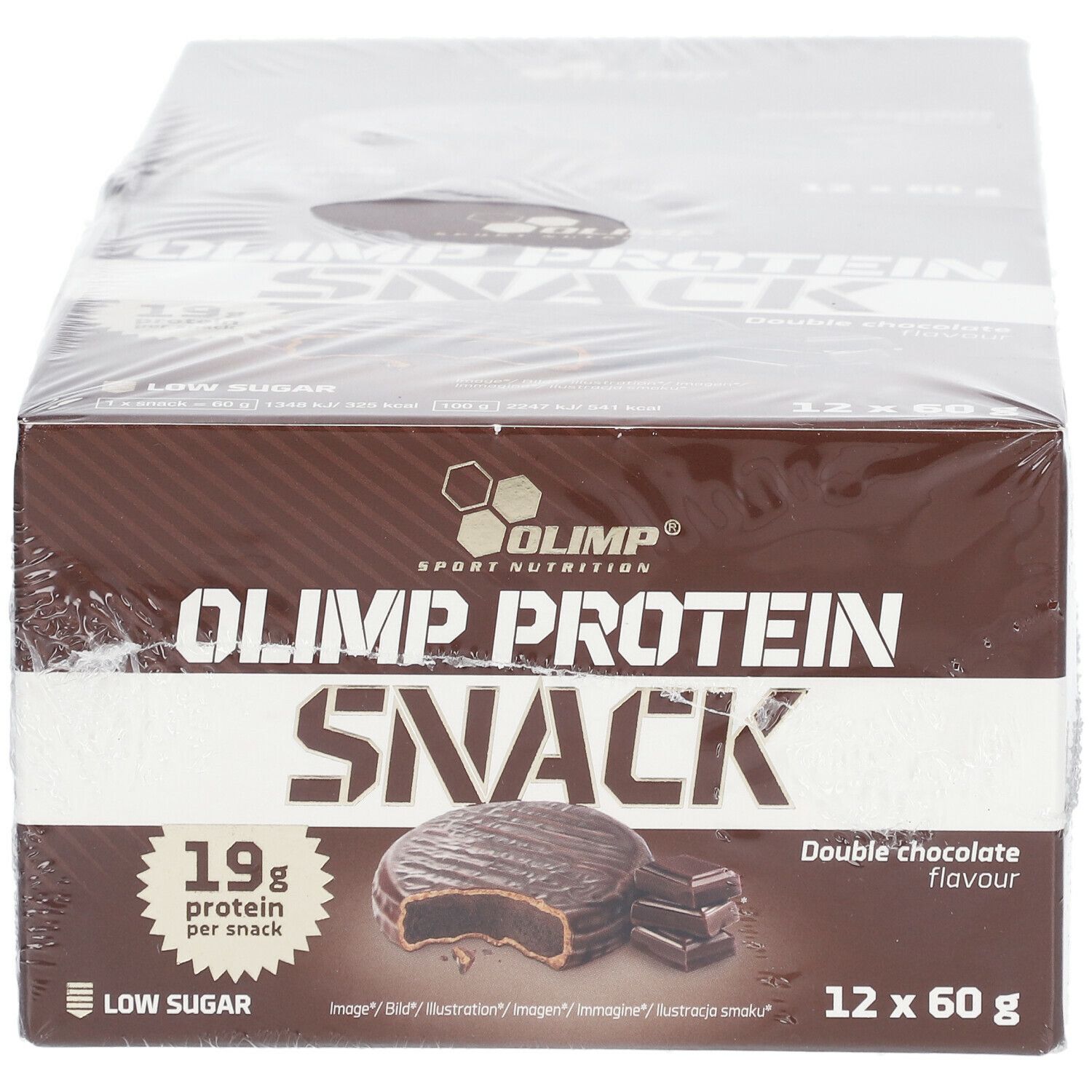 Boîte de barres protéinées OLIMP SNACK, goût double chocolat. 12 barres de 60g. 19g de protéines. Faible teneur en sucre.
