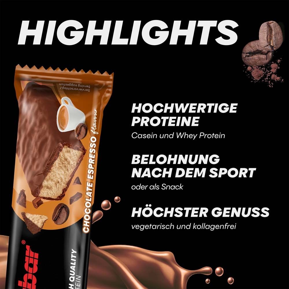 Barre Powerbar Protein+. Texte: Points forts. Protéines de haute qualité, récompense après le sport, plaisir maximal.