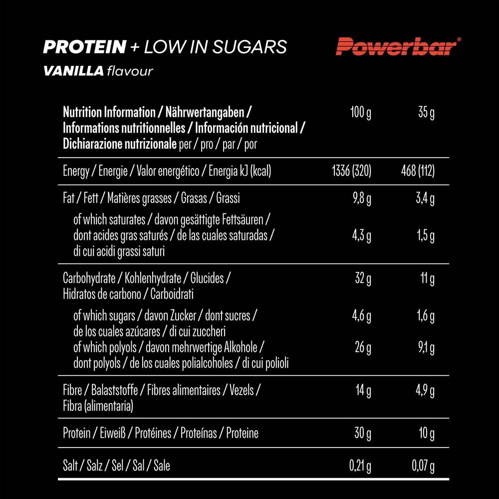 Tableau nutritionnel pour les barres Powerbar Protein+. Contient des informations sur l'énergie, les graisses, les glucides, les sucres, les fibres et les protéines.