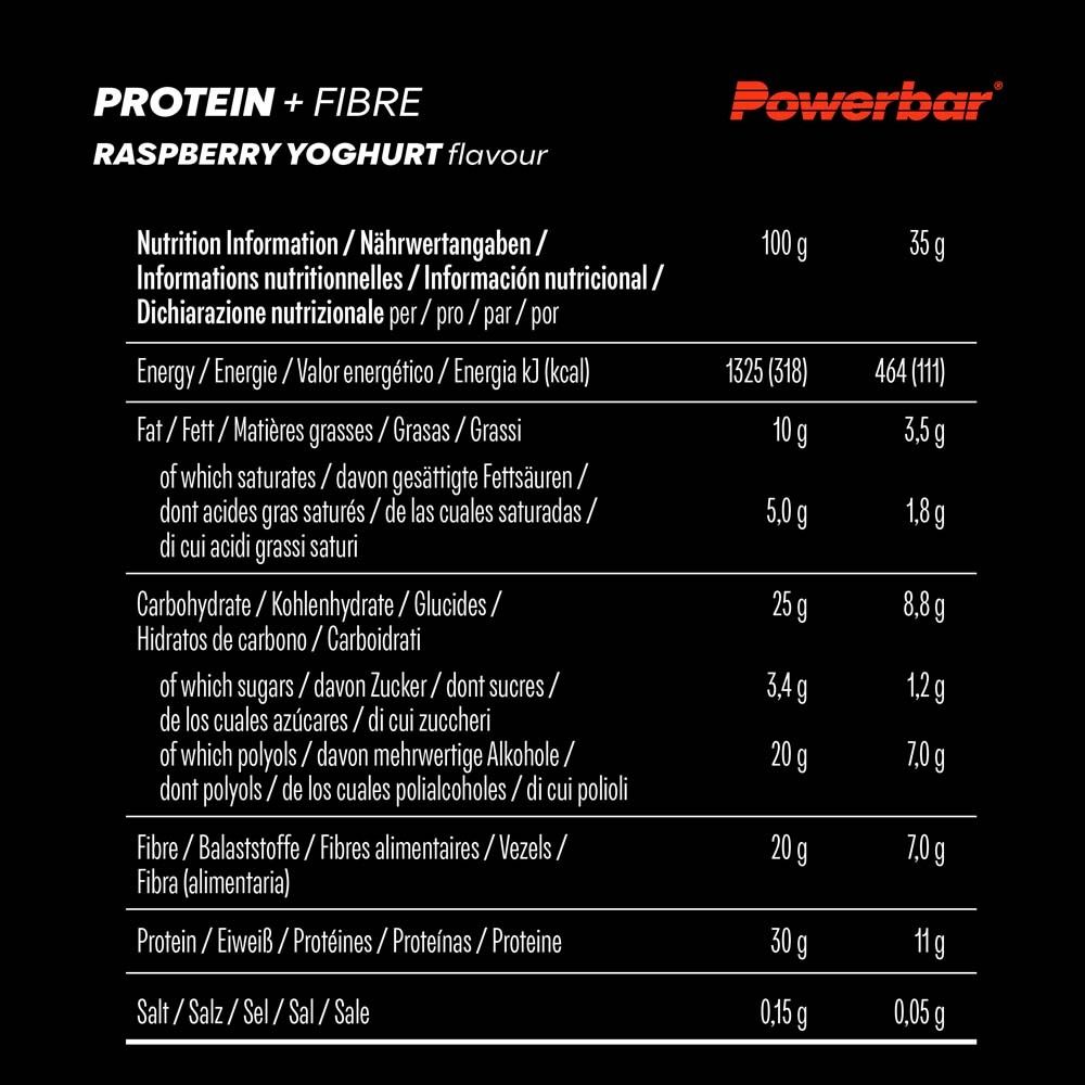 Tableau nutritionnel pour barre Powerbar Protein+ Fibre. Saveur yaourt framboise. Informations pour 100g et 35g.